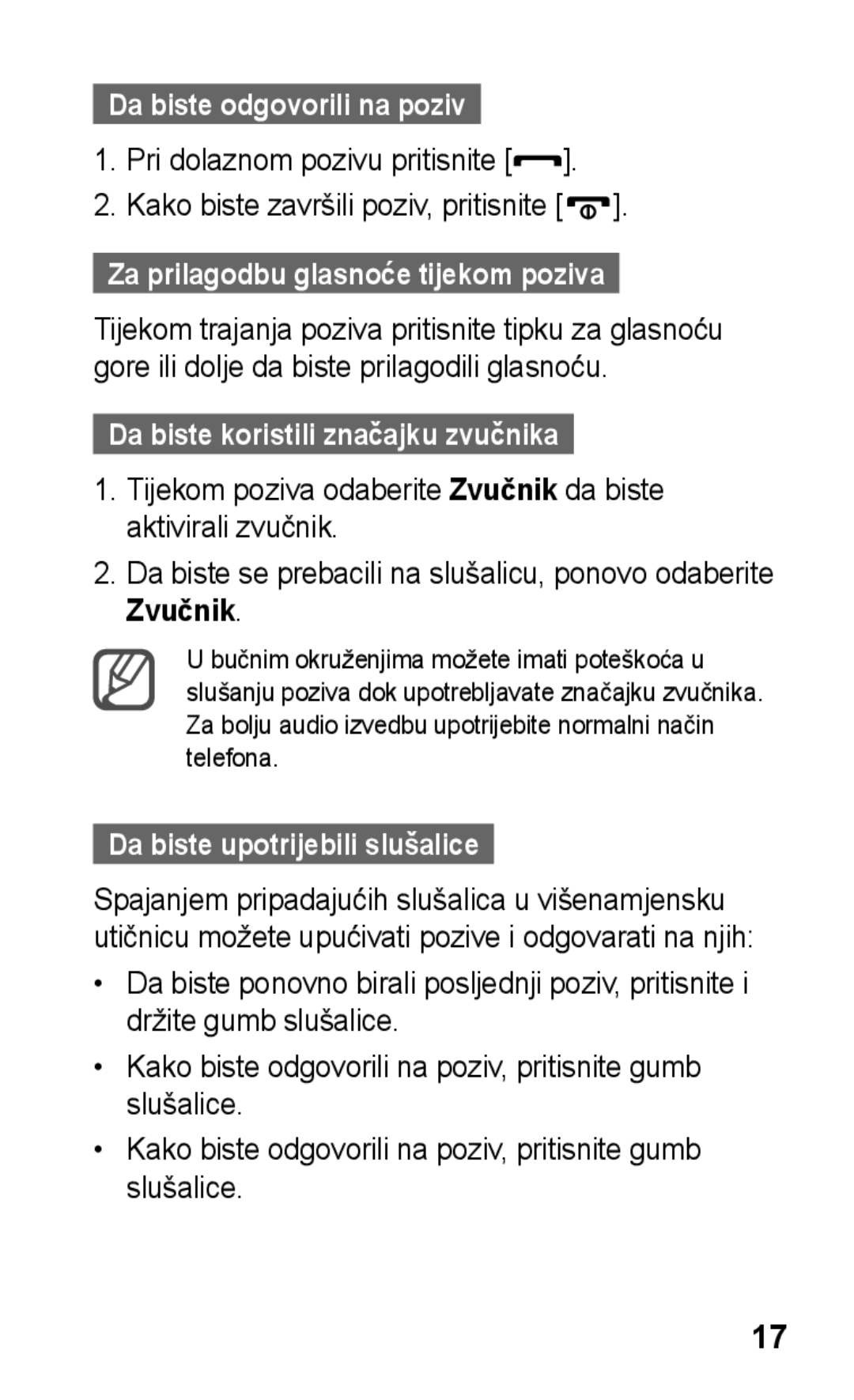 Samsung GT-C3300DKKIRD, GT-C3300CWKVIP manual Za prilagodbu glasnoće tijekom poziva, Da biste koristili značajku zvučnika 