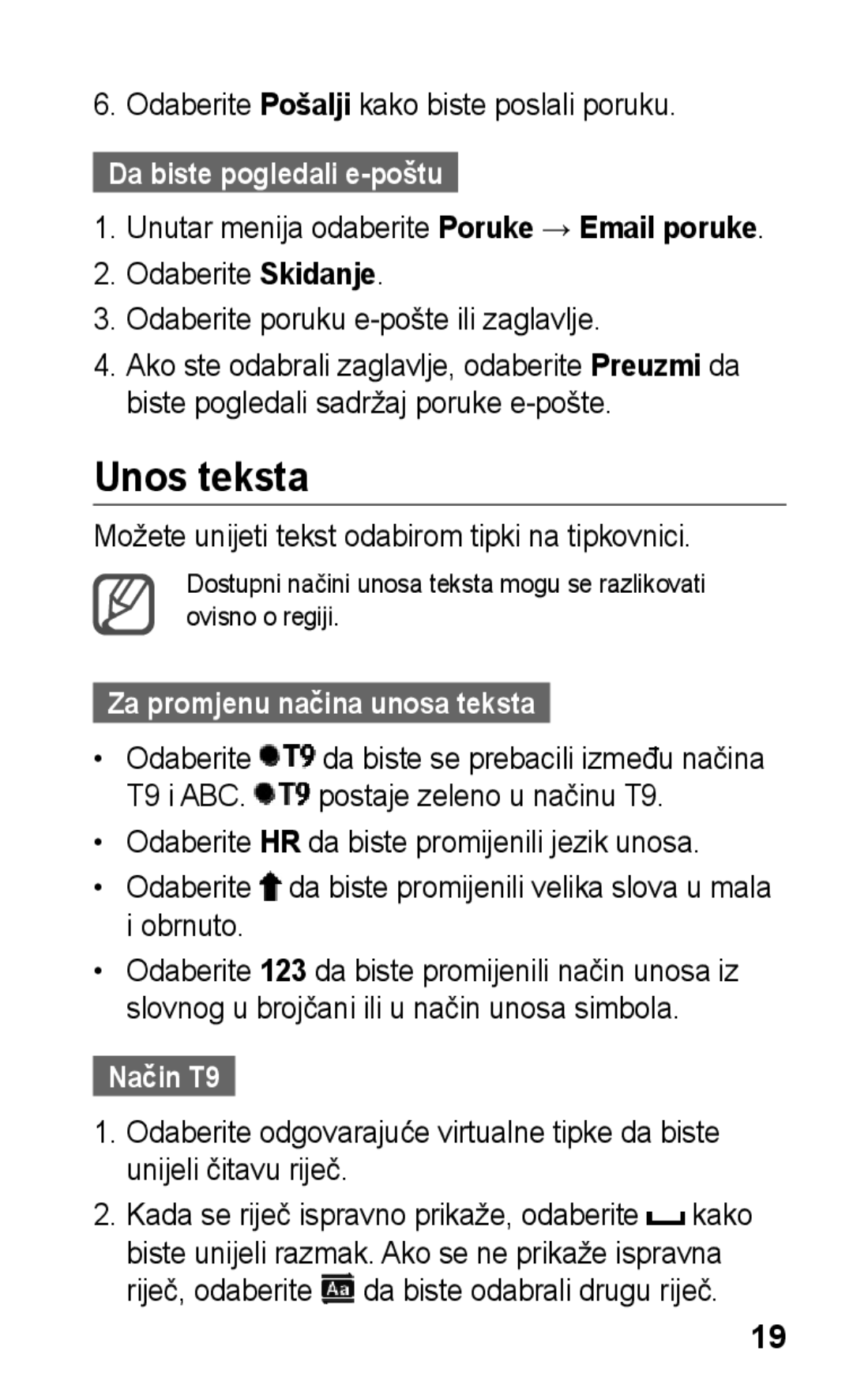 Samsung GT-C3300DKKTWO, GT-C3300CWKVIP Unos teksta, Da biste pogledali e-poštu, Za promjenu načina unosa teksta, Način T9 