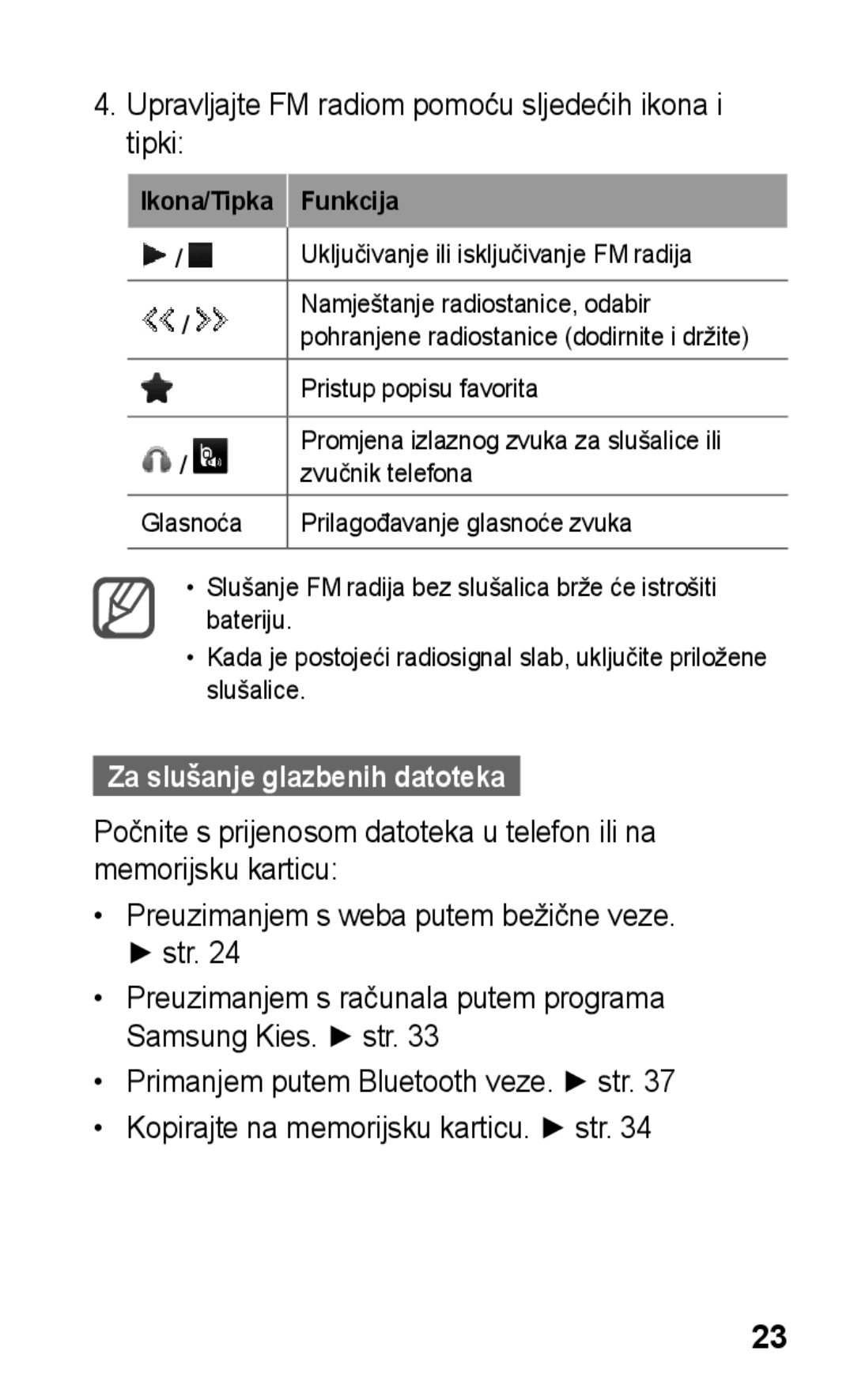 Samsung GT-C3300DKKTRA manual Upravljajte FM radiom pomoću sljedećih ikona i tipki, Za slušanje glazbenih datoteka 