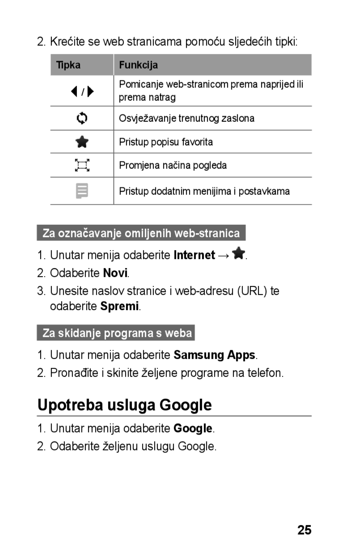 Samsung GT-C3300DKKIRD manual Upotreba usluga Google, Za označavanje omiljenih web-stranica, Za skidanje programa s weba  