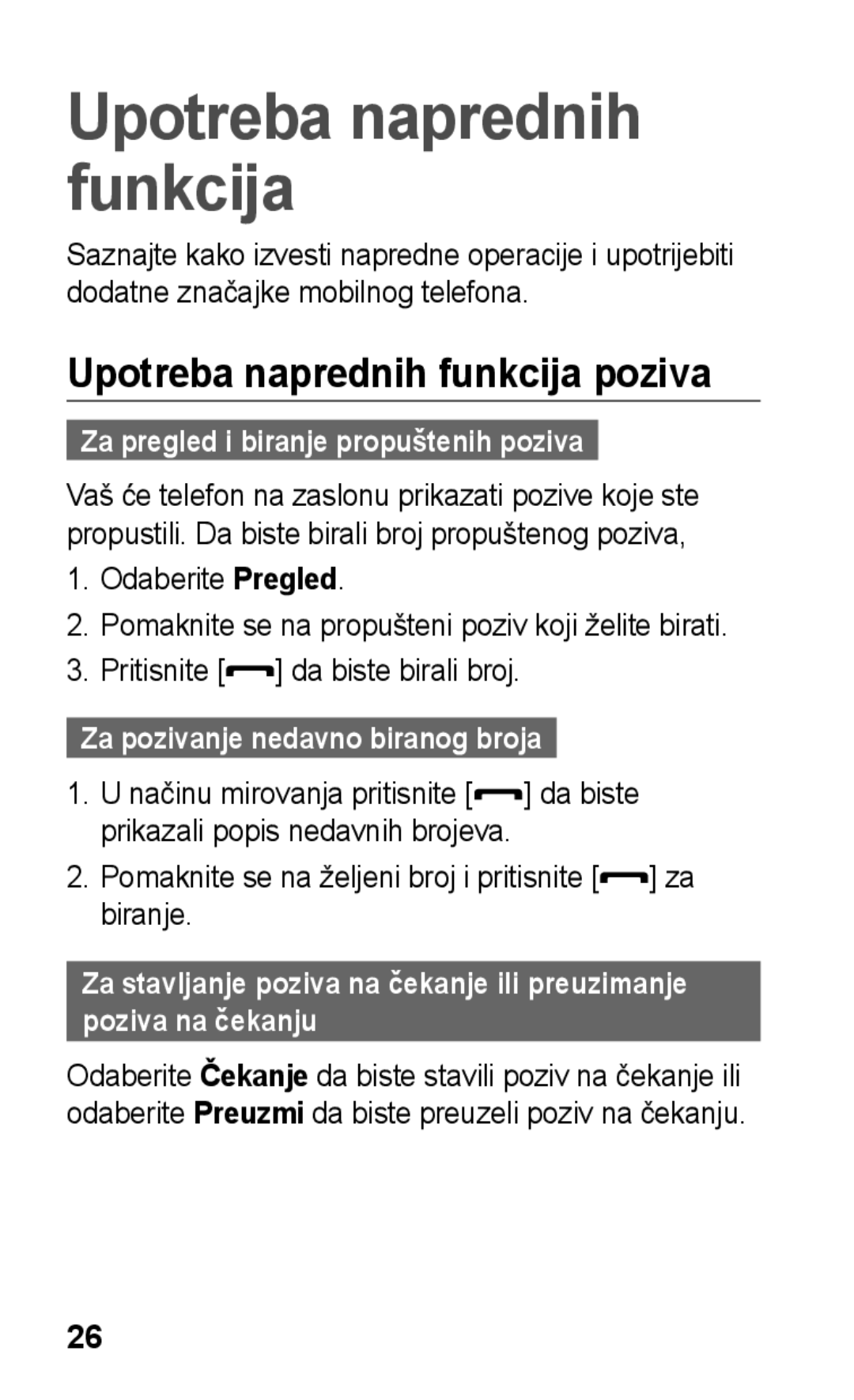 Samsung GT-C3300CWKTWO, GT-C3300CWKVIP manual Upotreba naprednih funkcija poziva, Za pregled i biranje propuštenih poziva 