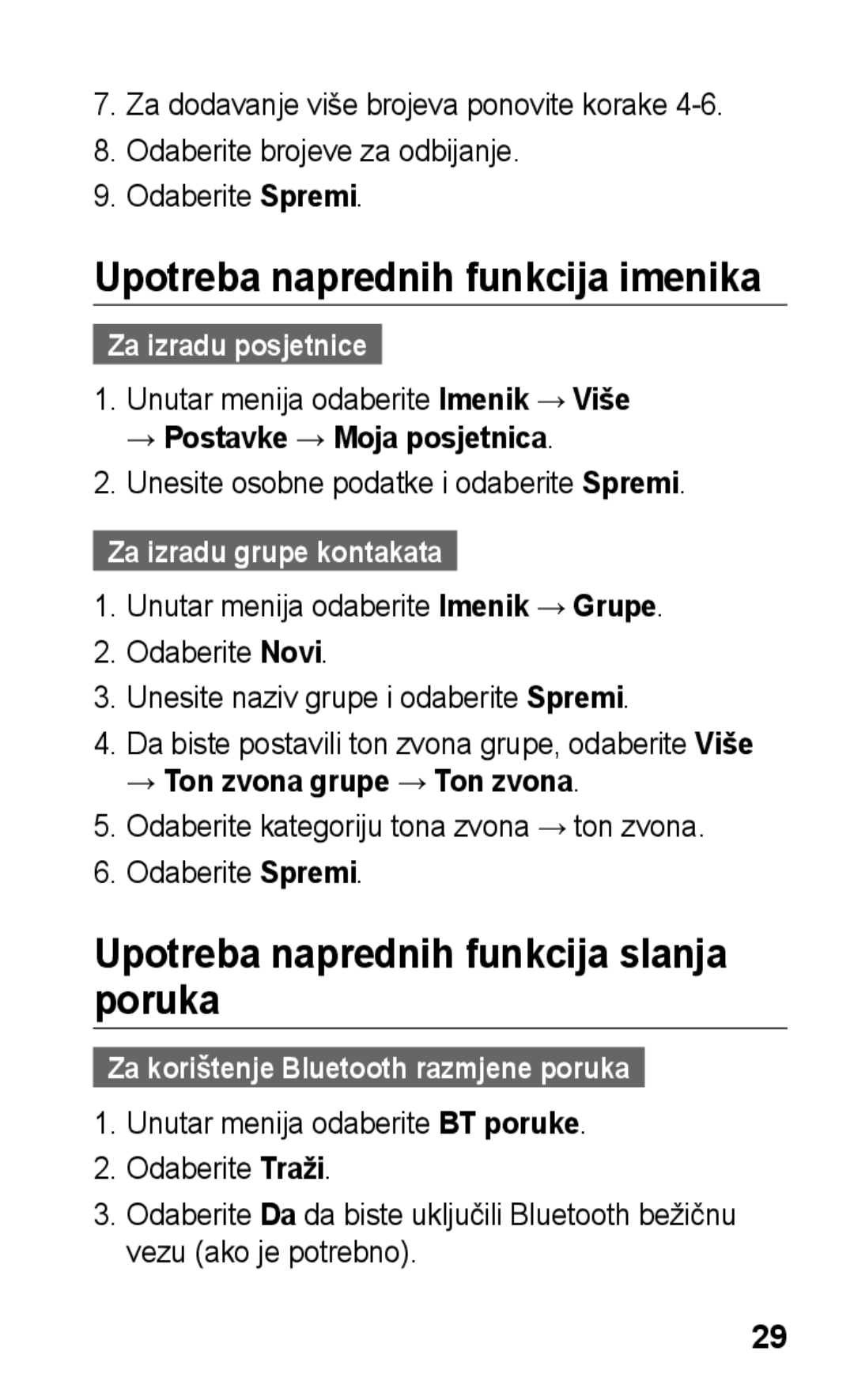 Samsung GT-C3300SIKVIP, GT-C3300CWKVIP manual Upotreba naprednih funkcija imenika, Upotreba naprednih funkcija slanja poruka 