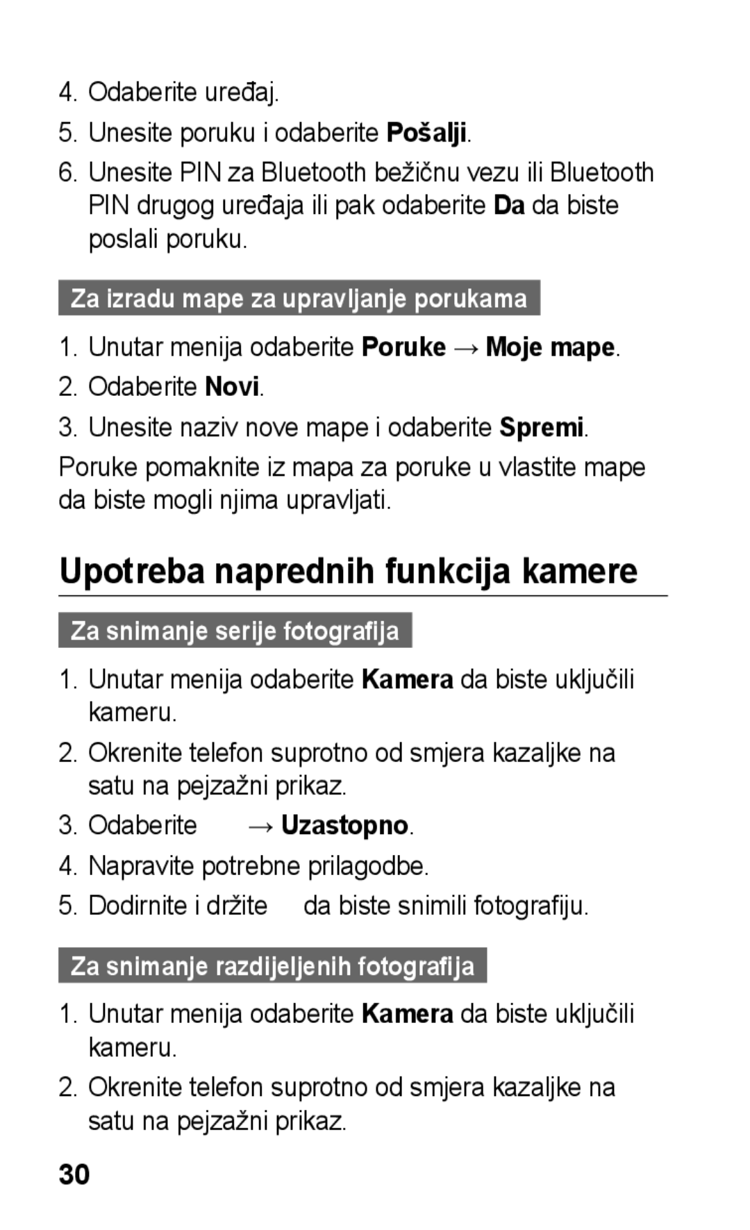 Samsung GT-C3300SIKTWO, GT-C3300CWKVIP manual Upotreba naprednih funkcija kamere, Za izradu mape za upravljanje porukama 