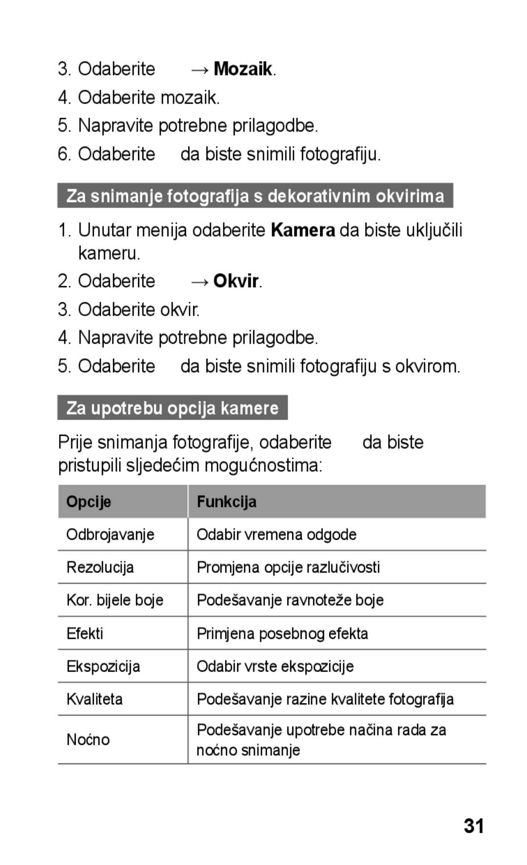 Samsung GT-C3300DKKTRA, GT-C3300CWKVIP, GT-C3300DKKIRD, GT-C3300CWKTWO manual Za upotrebu opcija kamere, Opcije Funkcija 