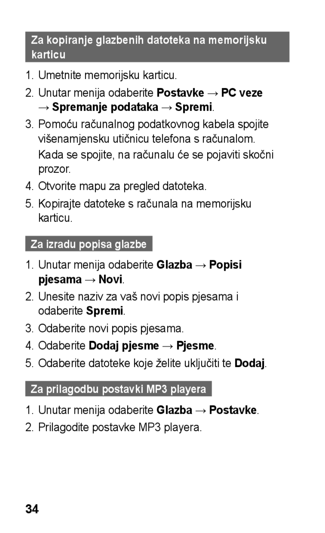 Samsung GT-C3300CWKTWO manual Za kopiranje glazbenih datoteka na memorijsku karticu, → Spremanje podataka → Spremi 