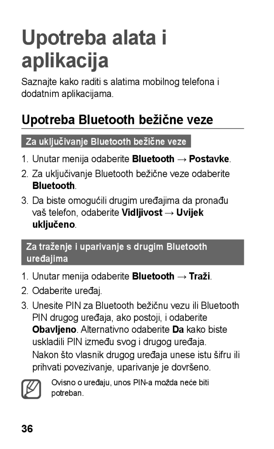 Samsung GT-C3300DKKVIP, GT-C3300CWKVIP manual Upotreba Bluetooth bežične veze, Za uključivanje Bluetooth bežične veze 