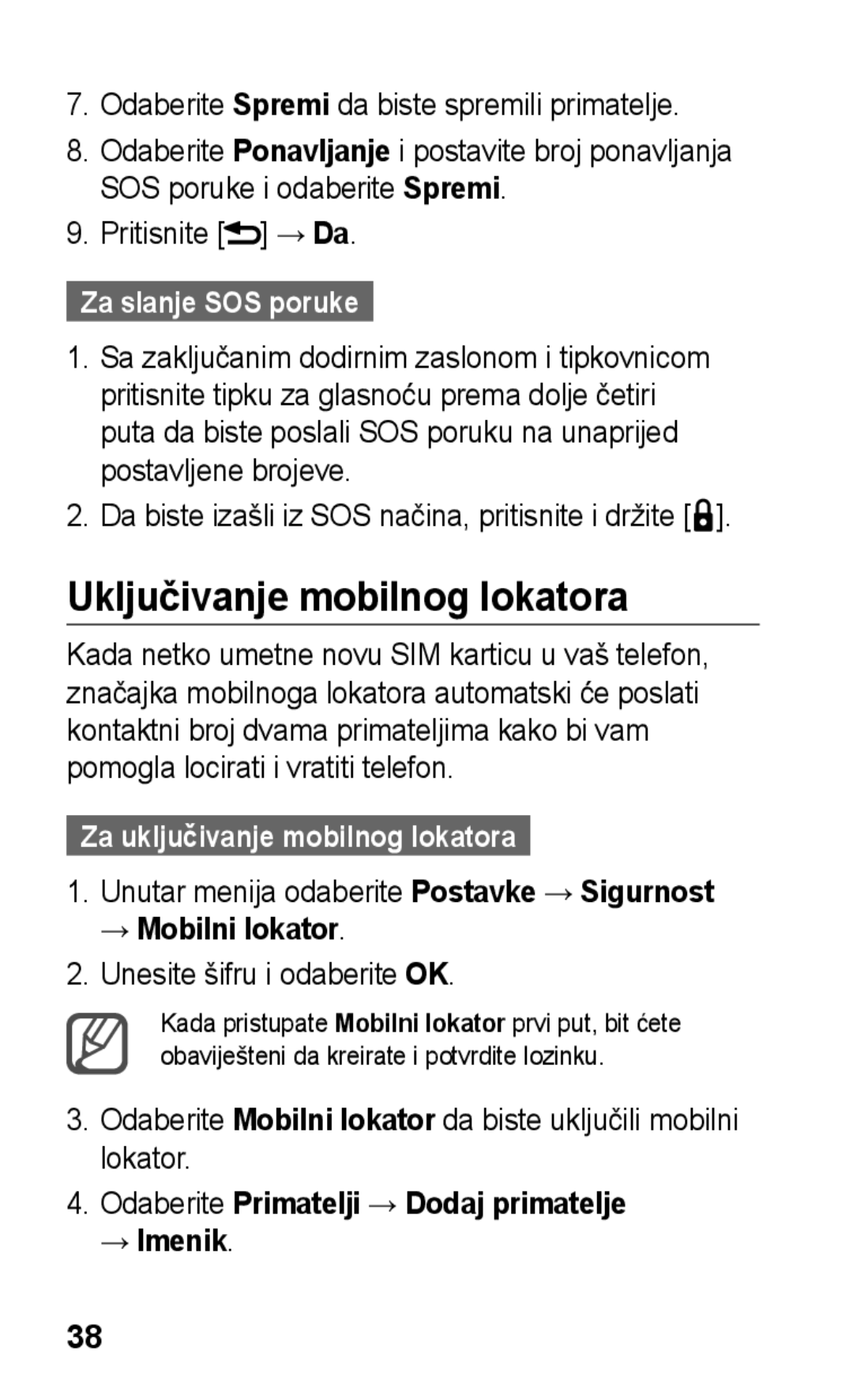 Samsung GT-C3300SIKTWO manual Uključivanje mobilnog lokatora, Za slanje SOS poruke, Za uključivanje mobilnog lokatora 