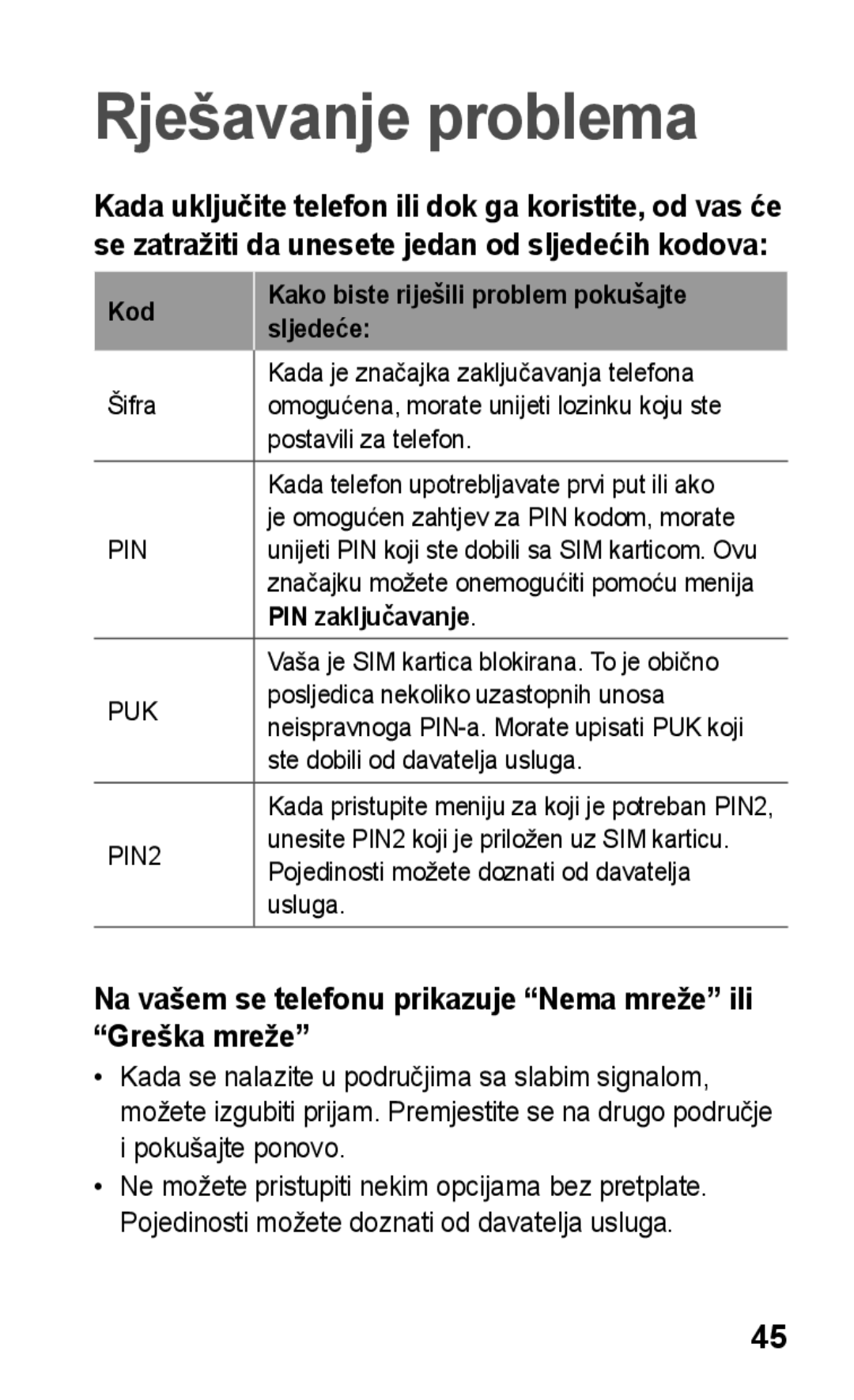 Samsung GT-C3300SIKVIP, GT-C3300CWKVIP manual Na vašem se telefonu prikazuje Nema mreže ili Greška mreže, PIN zaključavanje 