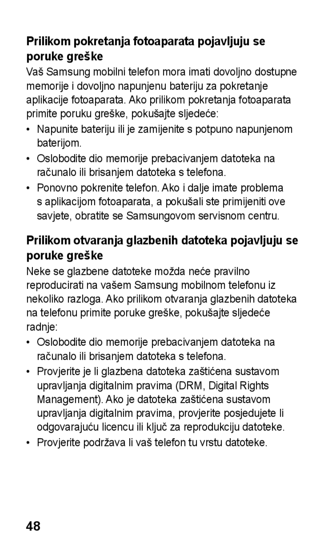 Samsung GT-C3300CWKVIP, GT-C3300DKKIRD, GT-C3300CWKTWO manual Prilikom pokretanja fotoaparata pojavljuju se poruke greške 