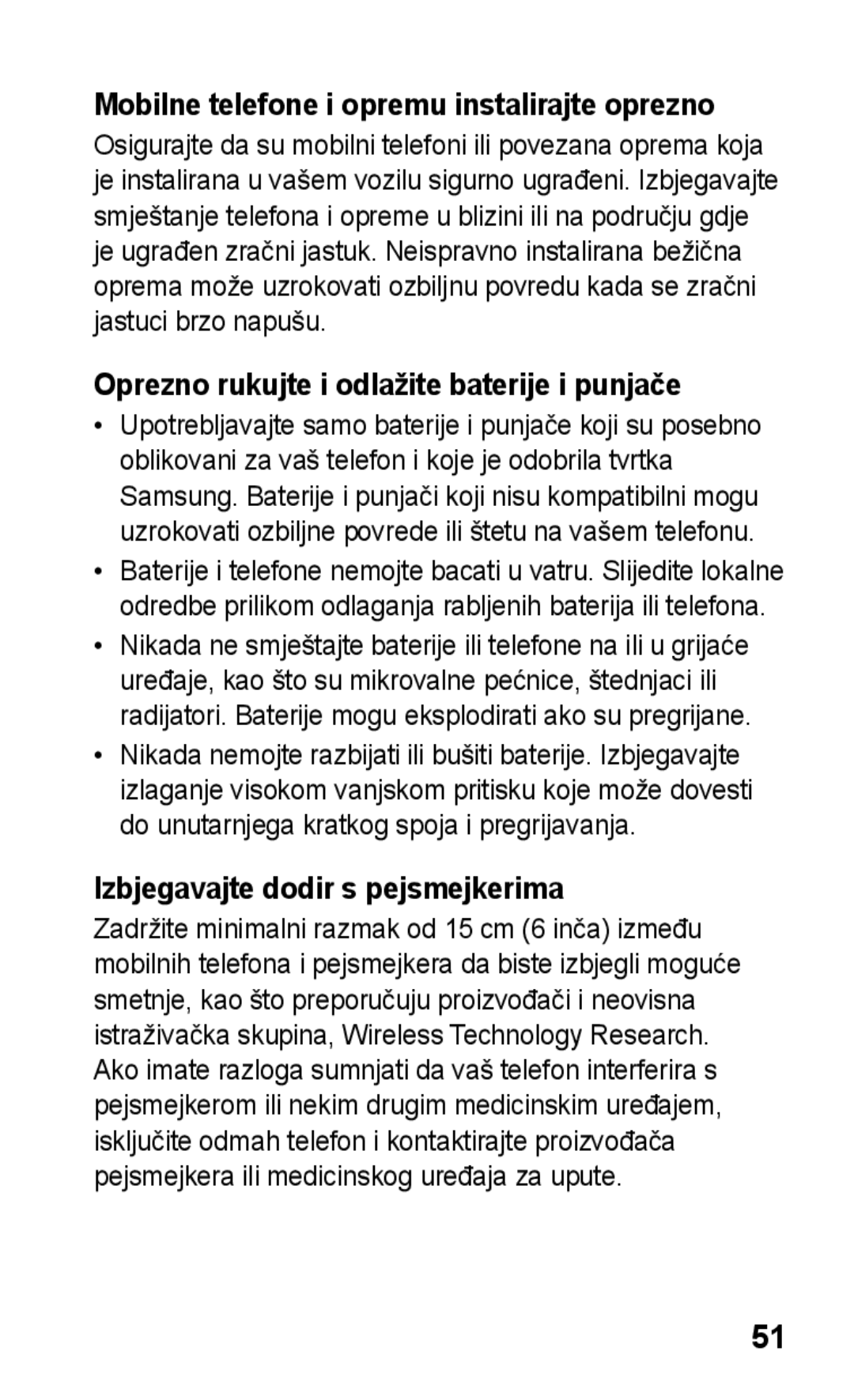 Samsung GT-C3300DKKTWO manual Mobilne telefone i opremu instalirajte oprezno, Oprezno rukujte i odlažite baterije i punjače 