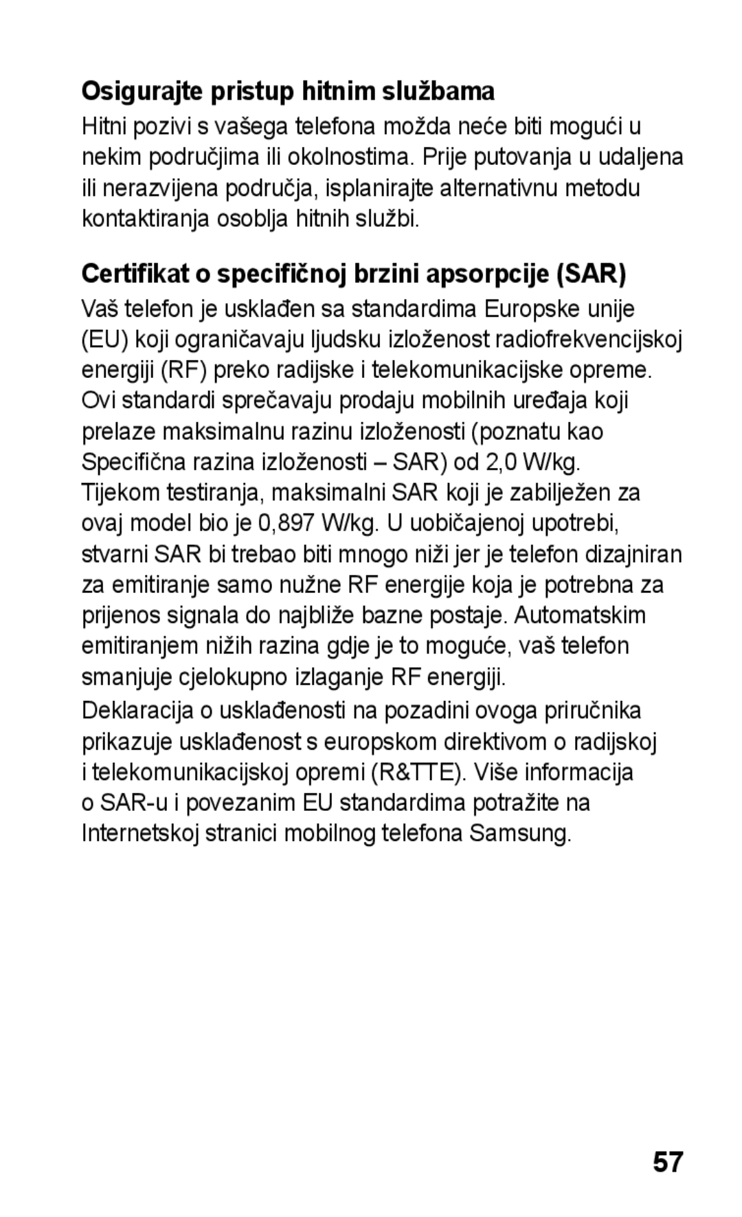 Samsung GT-C3300DKKIRD, GT-C3300CWKVIP Osigurajte pristup hitnim službama, Certifikat o specifičnoj brzini apsorpcije SAR 