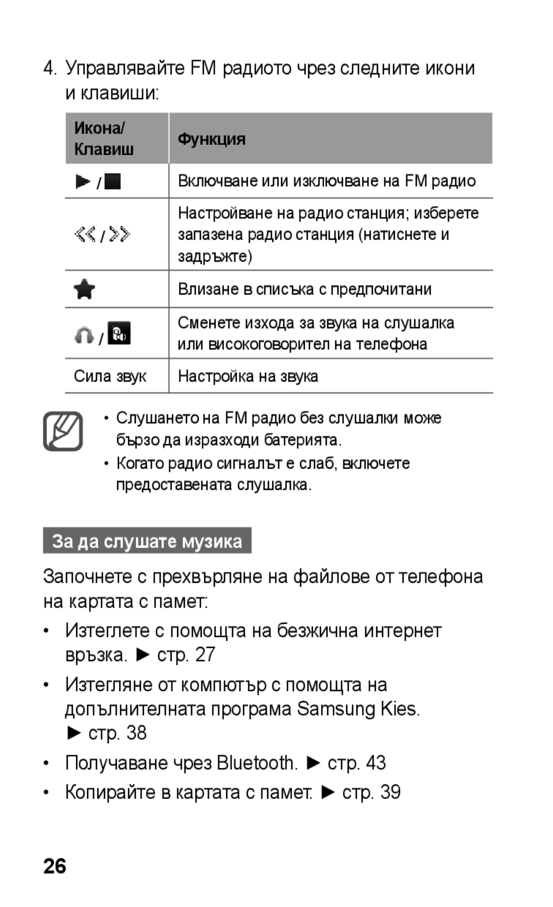 Samsung GT-C3300SIKGBL, GT-C3300DKKCNX manual Управлявайте FM радиото чрез следните икони и клавиши, За да слушате музика 