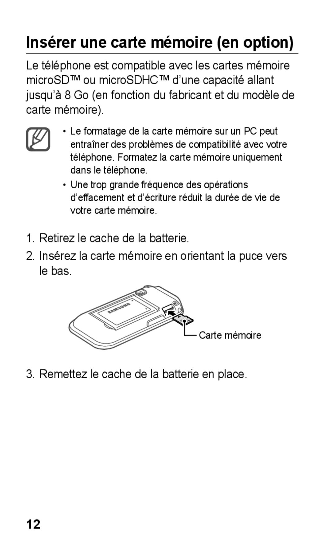 Samsung GT-C3300DKKVVT, GT-C3300DKKCNX manual Insérer une carte mémoire en option, Remettez le cache de la batterie en place 