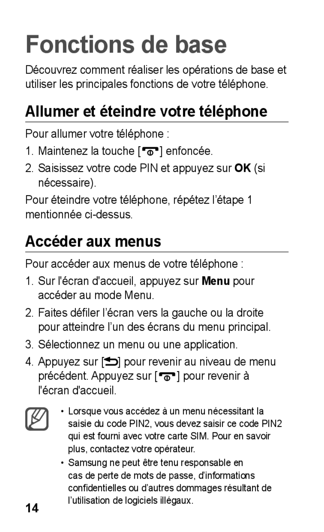 Samsung GT-C3300DKKGBL, GT-C3300DKKCNX manual Fonctions de base, Allumer et éteindre votre téléphone, Accéder aux menus 