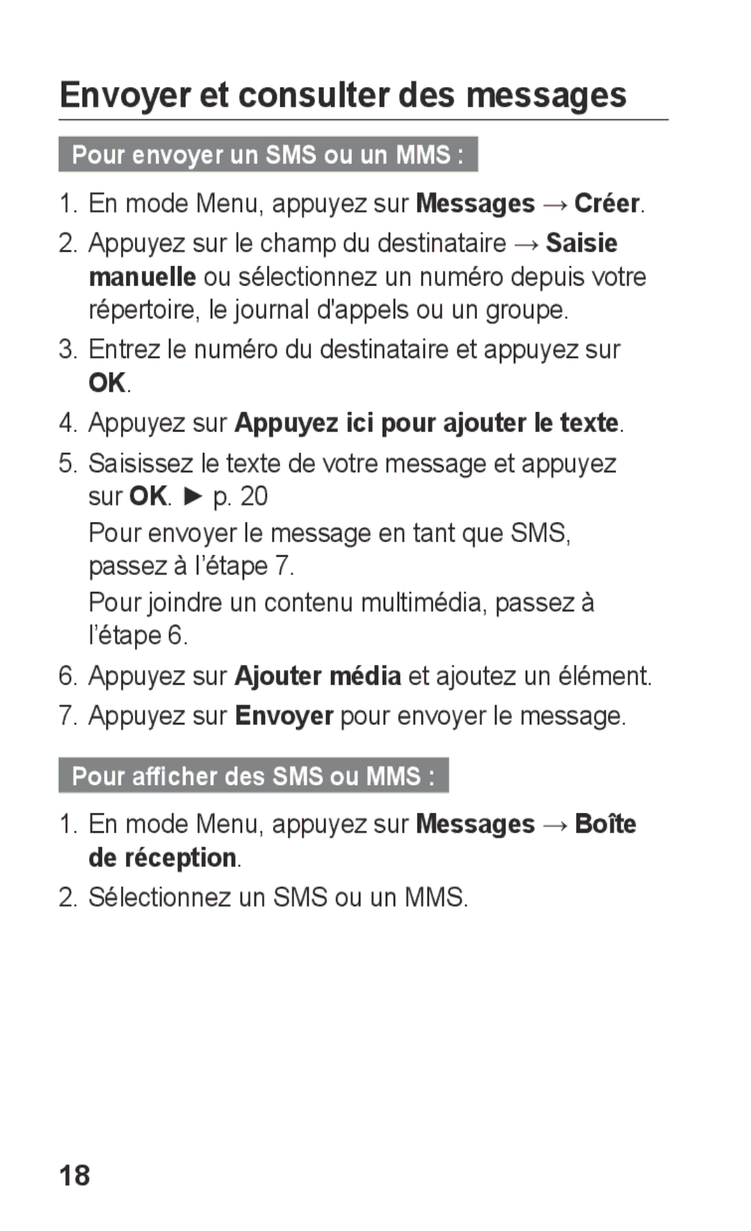 Samsung GT-C3300DKKCNX Envoyer et consulter des messages, Pour envoyer un SMS ou un MMS, Pour afficher des SMS ou MMS 