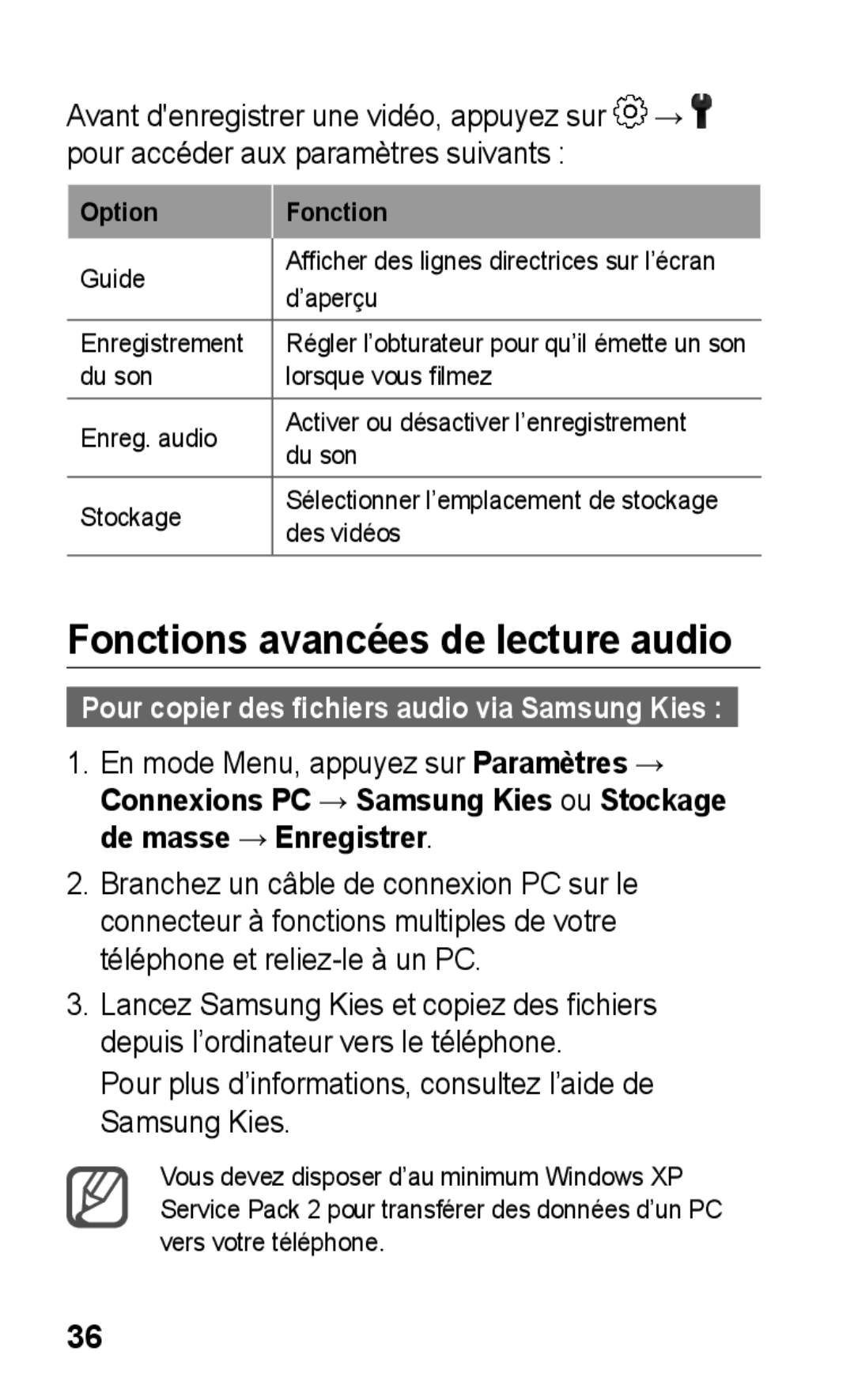 Samsung GT-C3300DKKCNX Fonctions avancées de lecture audio, Pour plus d’informations, consultez l’aide de Samsung Kies 