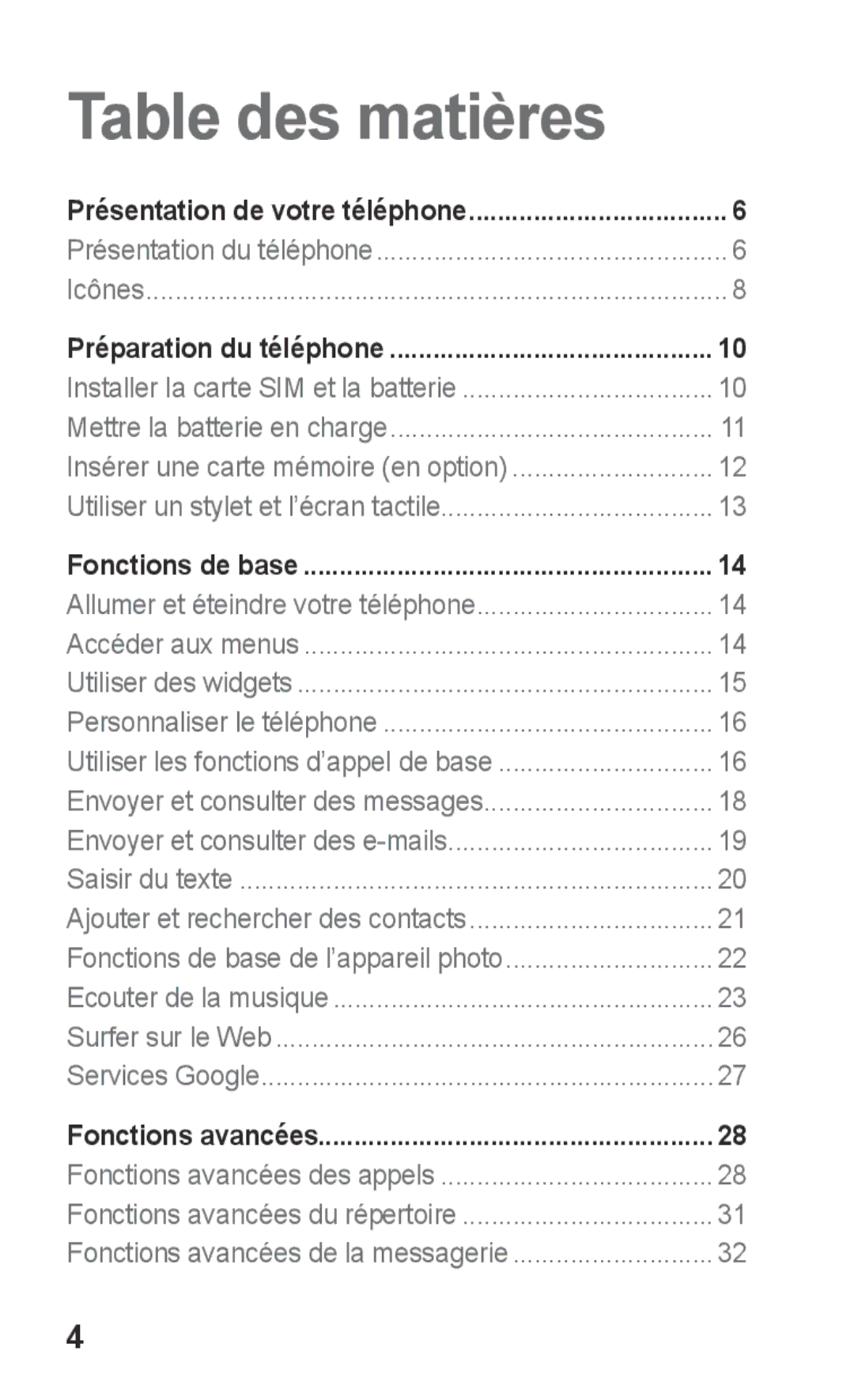 Samsung GT-C3300CWKMTL, GT-C3300DKKCNX, GT-C3300ENKMTL, GT-C3300CWKGBL Table des matières, Présentation du téléphone Icônes 