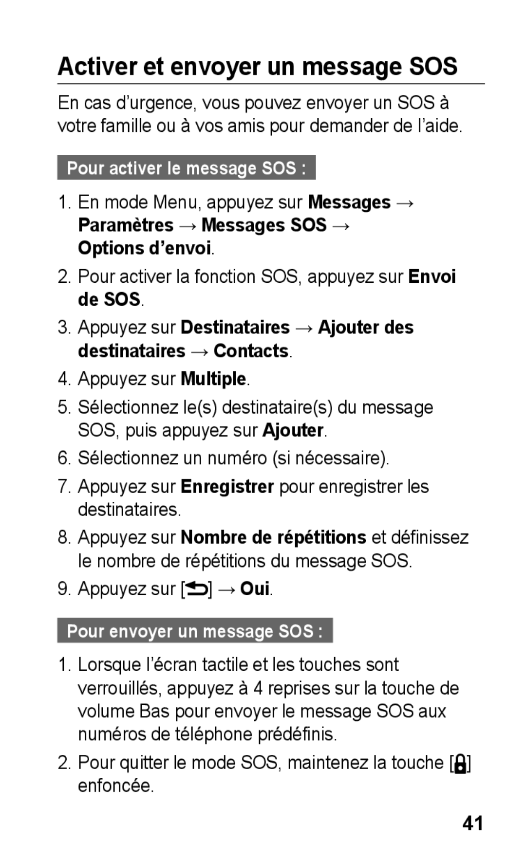 Samsung GT-C3300DKKGBL manual Activer et envoyer un message SOS, Pour activer le message SOS, Pour envoyer un message SOS 