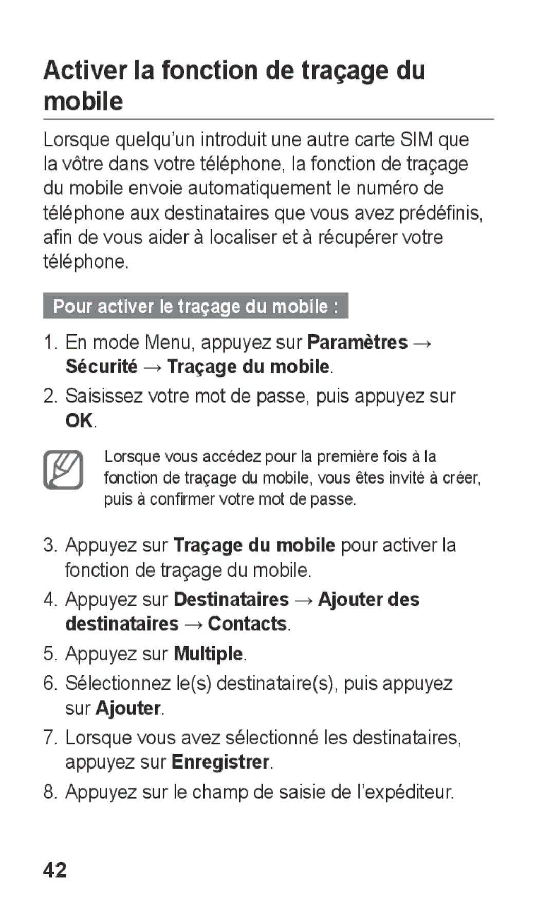 Samsung GT-C3300DKKMTL, GT-C3300DKKCNX manual Activer la fonction de traçage du mobile, Pour activer le traçage du mobile 