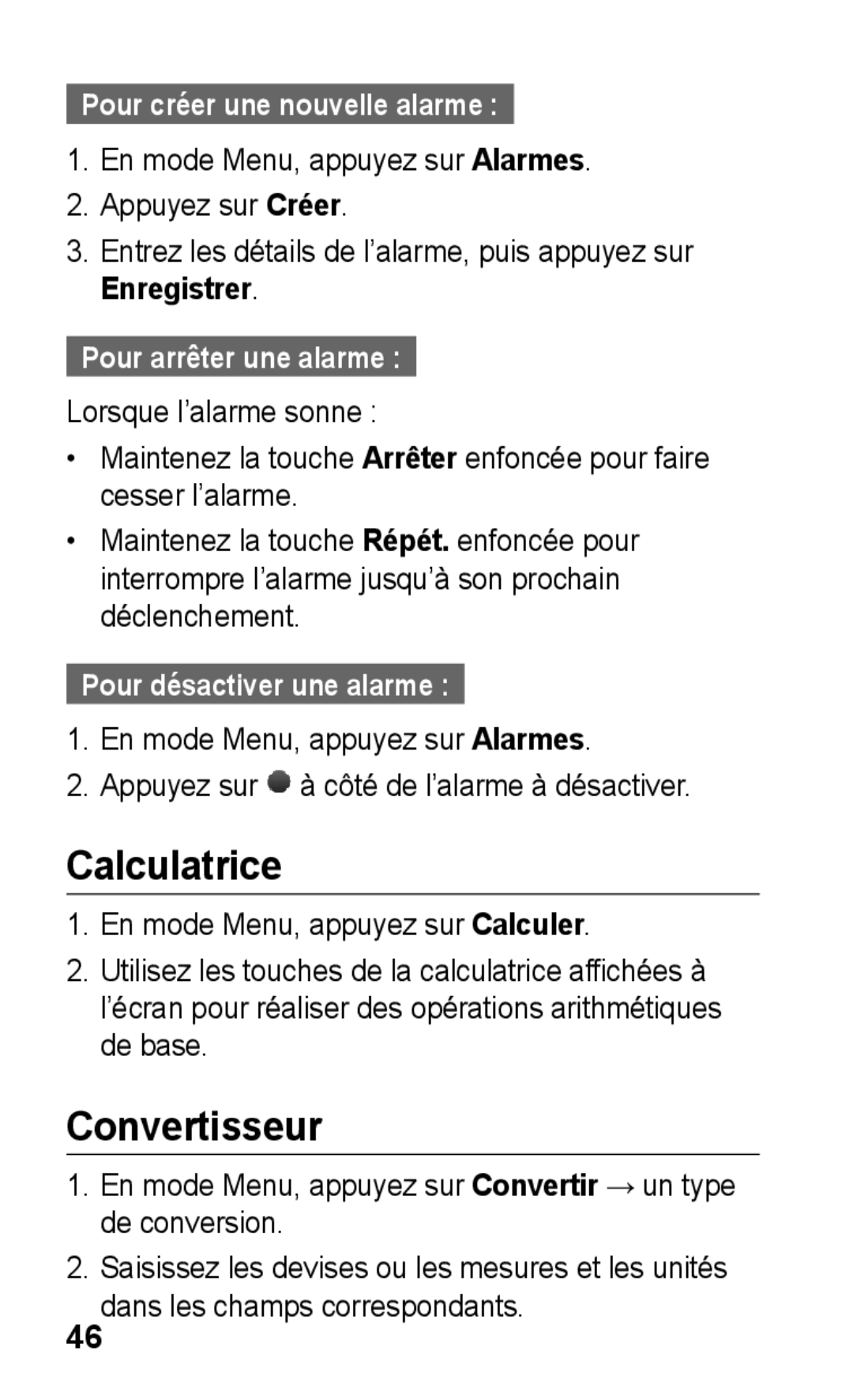 Samsung GT-C3300ENKMTL manual Calculatrice, Convertisseur, Pour créer une nouvelle alarme, Pour arrêter une alarme 