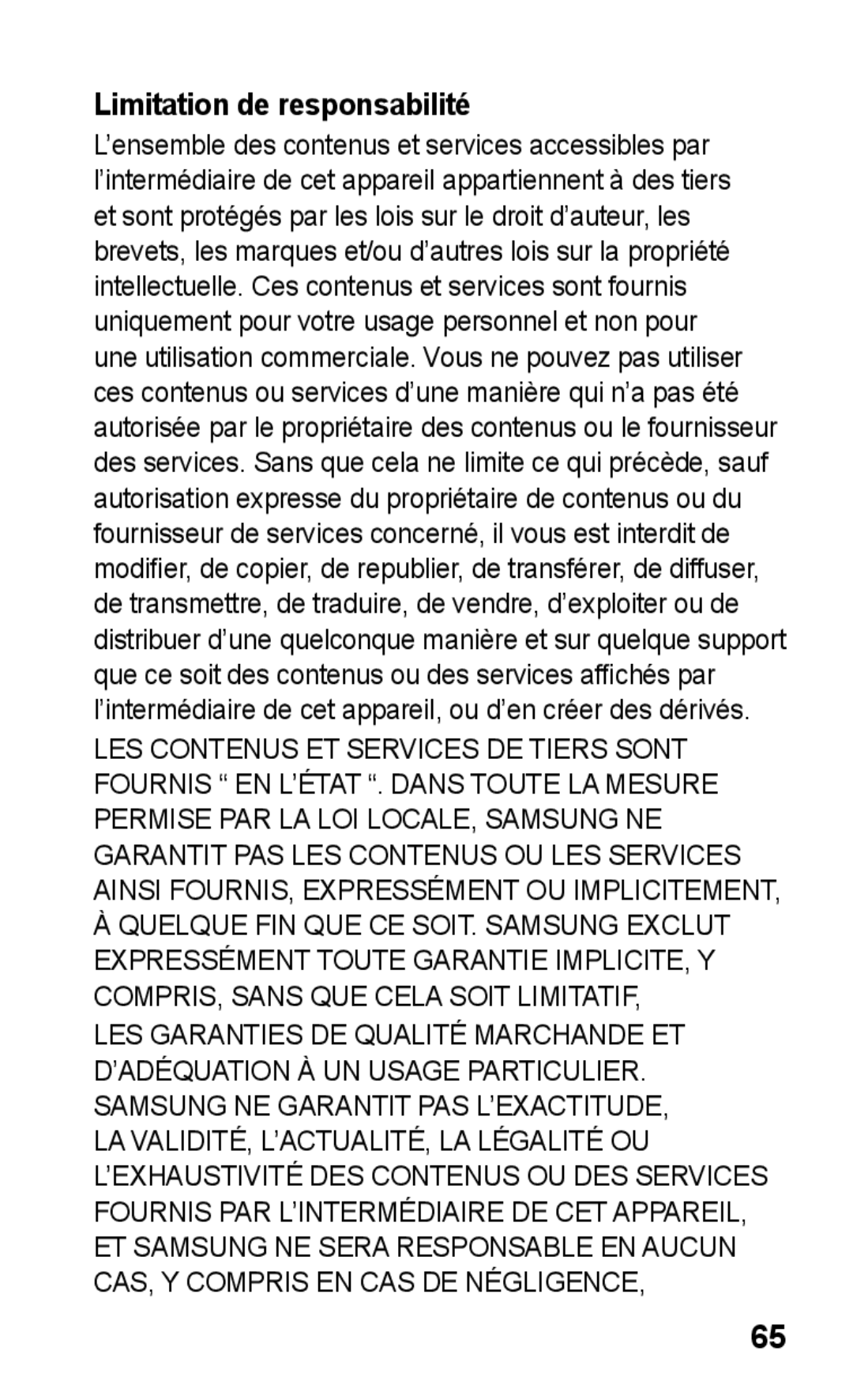 Samsung GT-C3300CWKGBL, GT-C3300DKKCNX, GT-C3300ENKMTL, GT-C3300DKKVVT, GT-C3300CWKMTL manual Limitation de responsabilité 