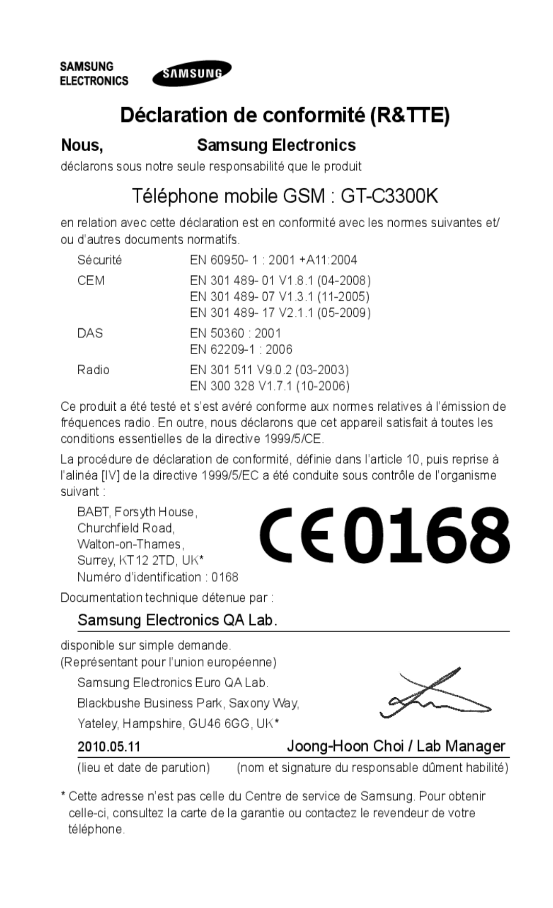 Samsung GT-C3300CWKMTL, GT-C3300DKKCNX, GT-C3300ENKMTL manual Déclaration de conformité R&TTE, Téléphone mobile GSM GT-C3300K 