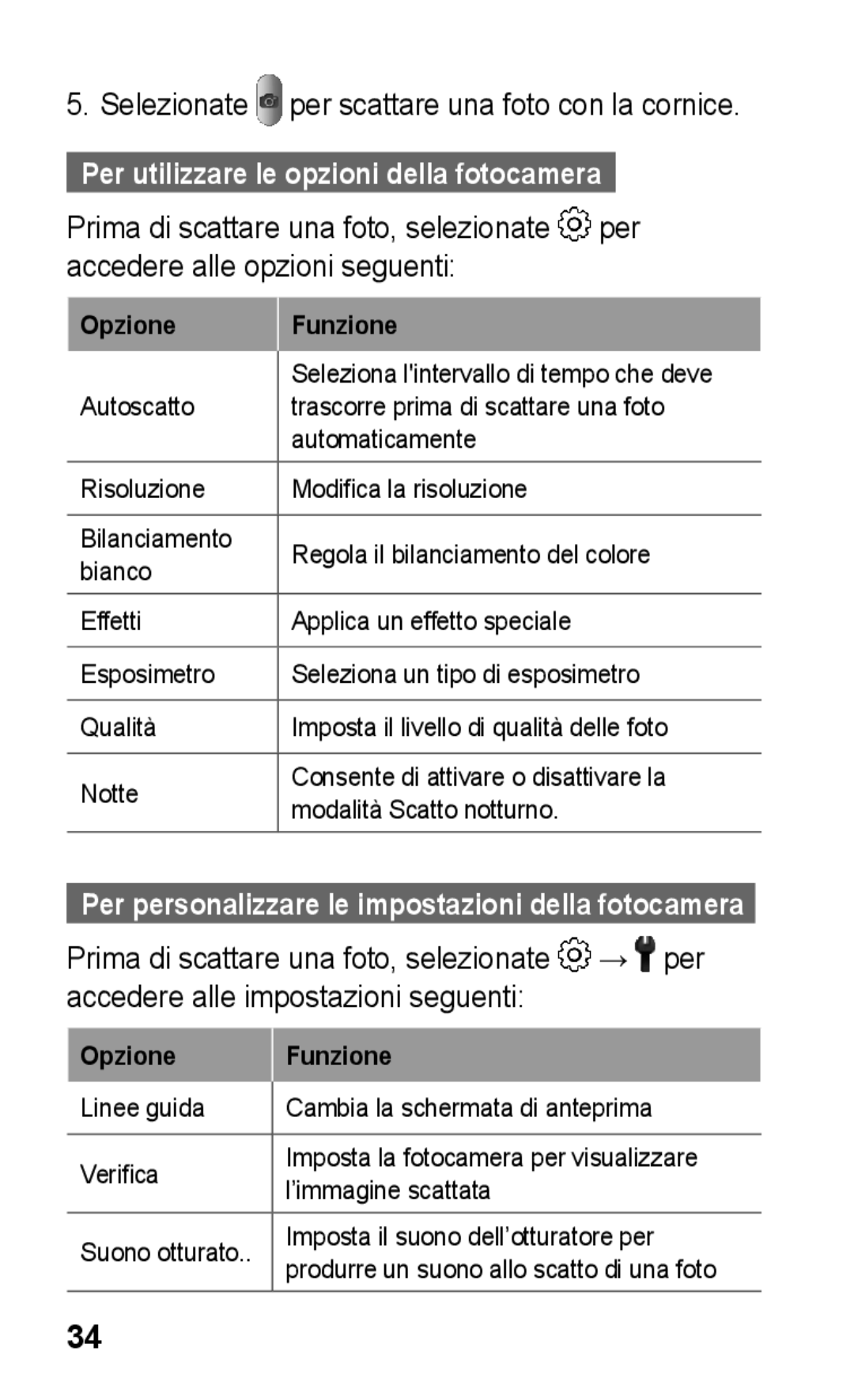 Samsung GT-C3300DKKCIT, GT-C3300DKKVGF, GT-C3300DKKCNX manual Per utilizzare le opzioni della fotocamera, Opzione Funzione 