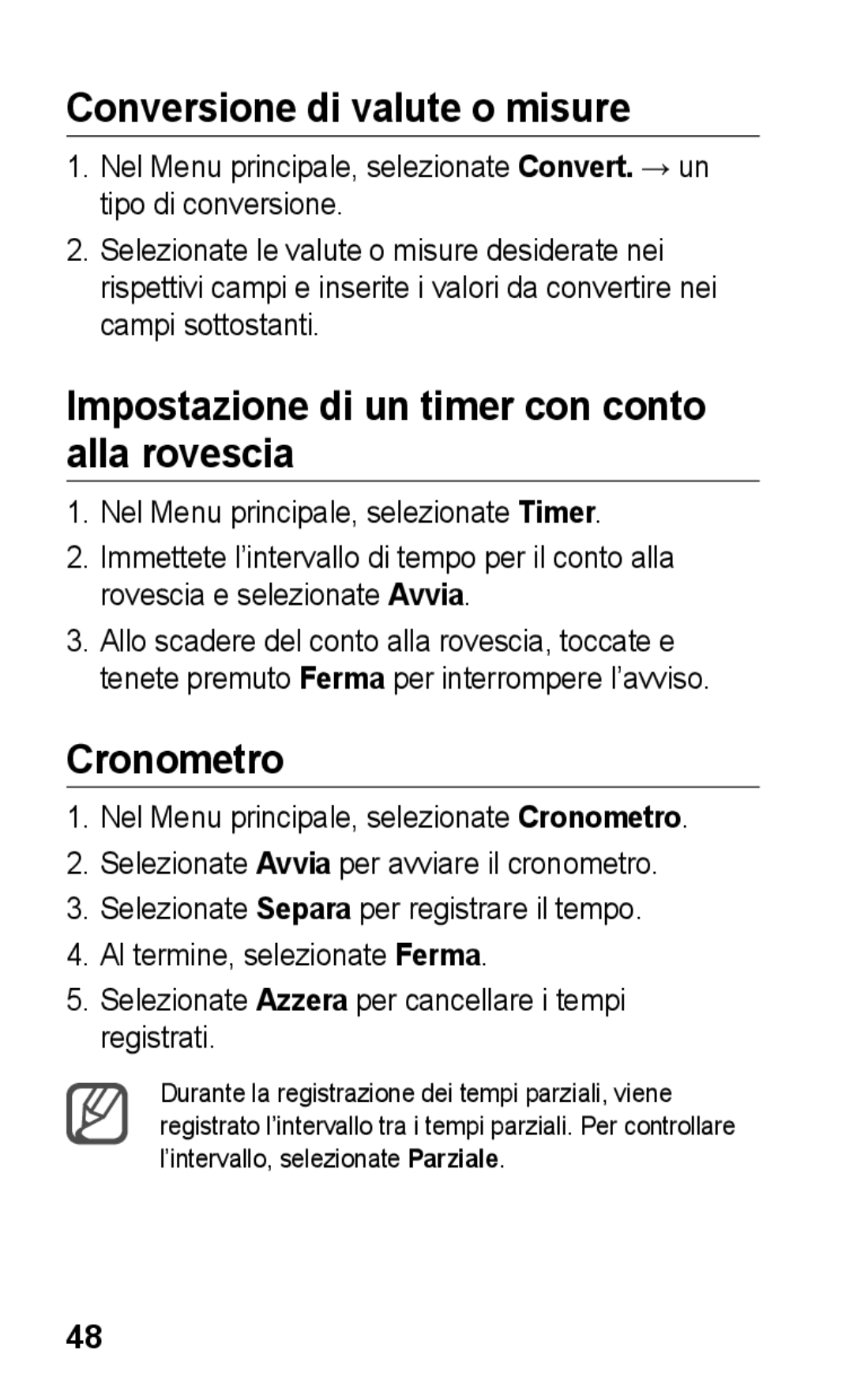 Samsung GT-C3300CIHCIT manual Conversione di valute o misure, Impostazione di un timer con conto alla rovescia, Cronometro 