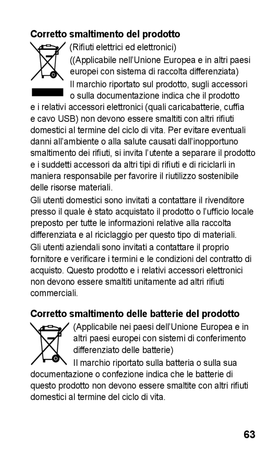 Samsung GT-C3300CIHCIT, GT-C3300DKKVGF, GT-C3300DKKCNX Corretto smaltimento del prodotto, Rifiuti elettrici ed elettronici 