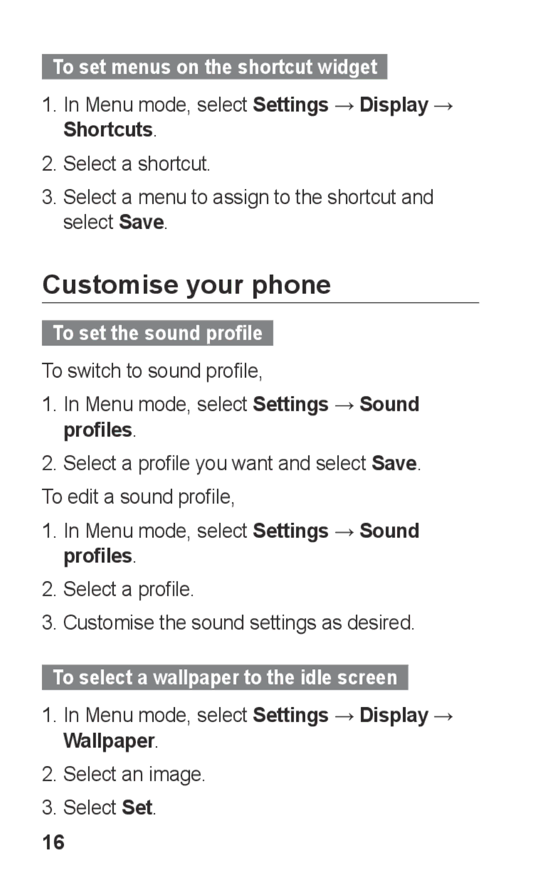 Samsung GT-C3300DKKNRJ, GT-C3300DKKXEG Customise your phone, To set menus on the shortcut widget, To set the sound profile 