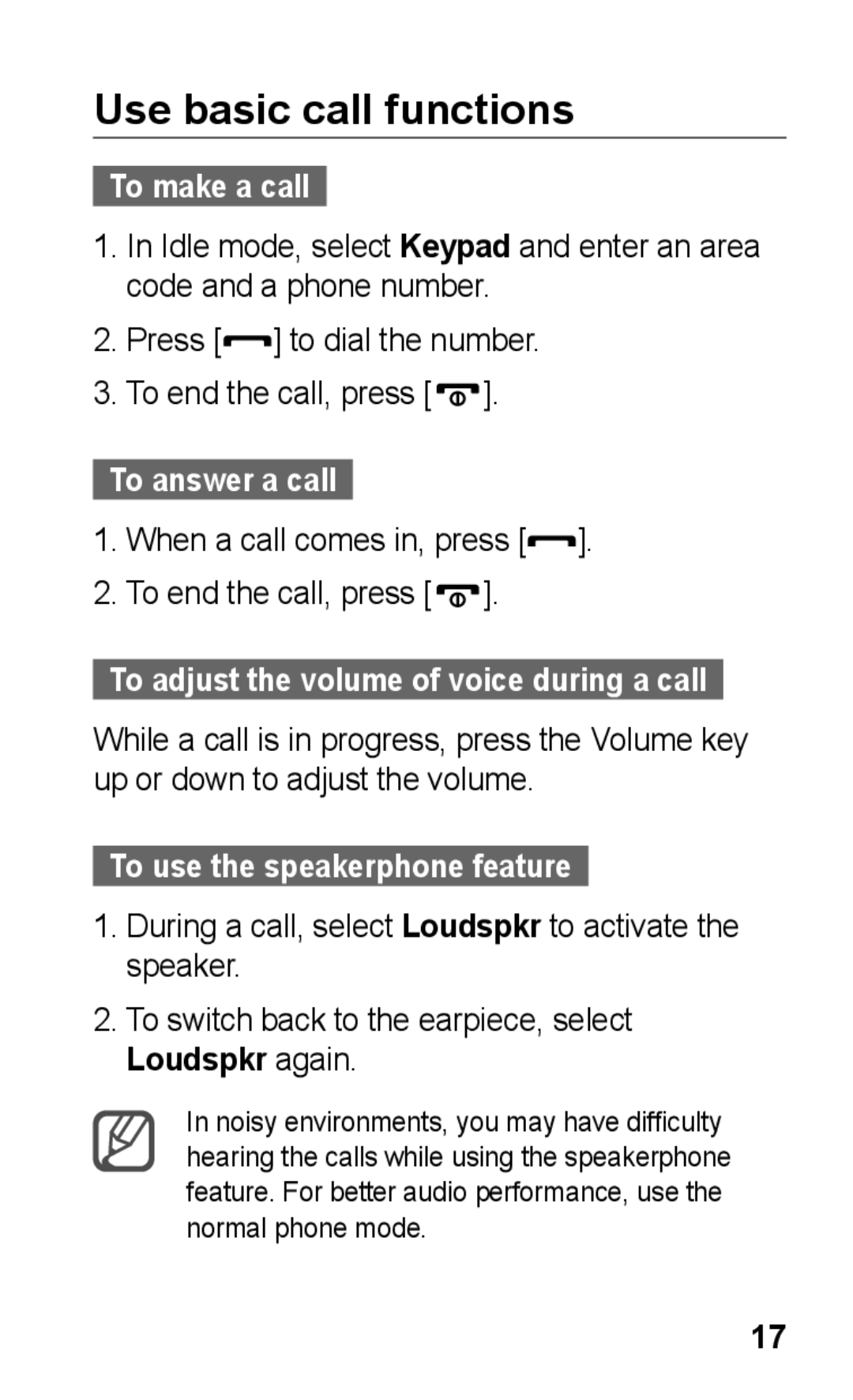 Samsung GT-C3300CWKSFR Use basic call functions, To make a call, Press to dial the number, To use the speakerphone feature 