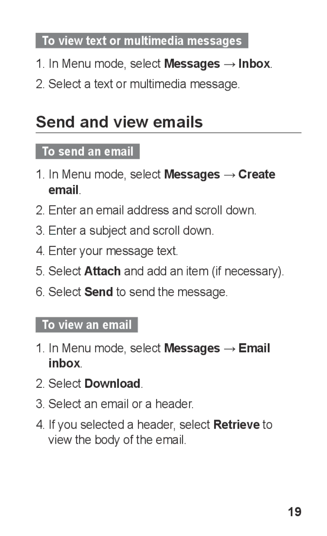 Samsung GT-C3300SIKSFR manual Send and view emails, To view text or multimedia messages, To send an email, To view an email 