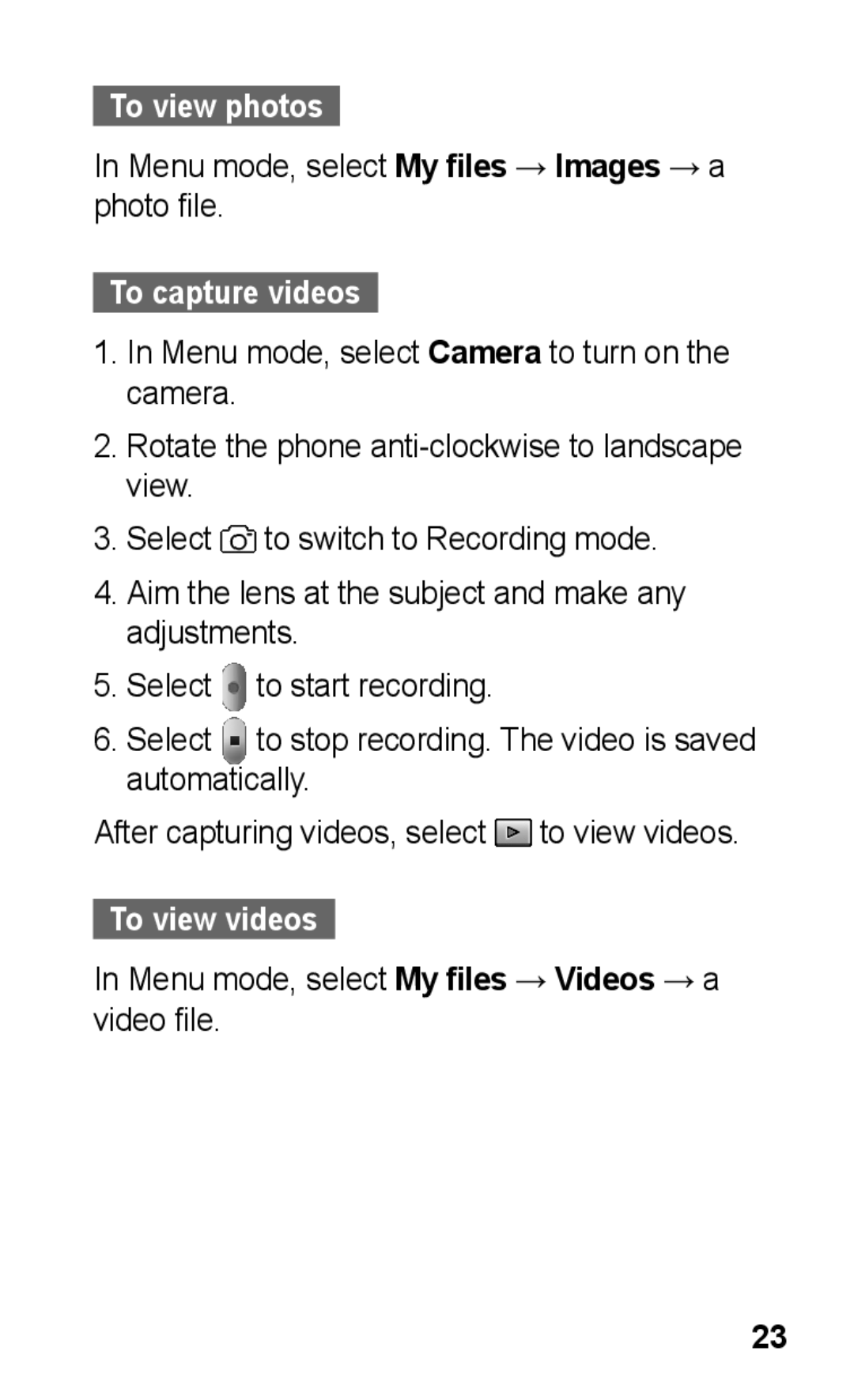 Samsung GT-C3300SIKVGF manual To view photos, Menu mode, select My files → Images → a photo file, To capture videos 