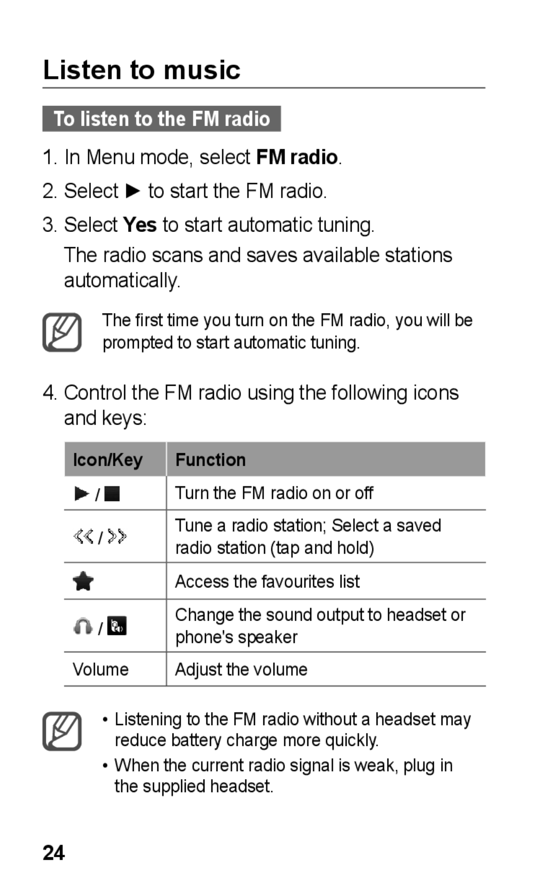 Samsung GT-C3300DKKFTM Listen to music, To listen to the FM radio, Control the FM radio using the following icons and keys 