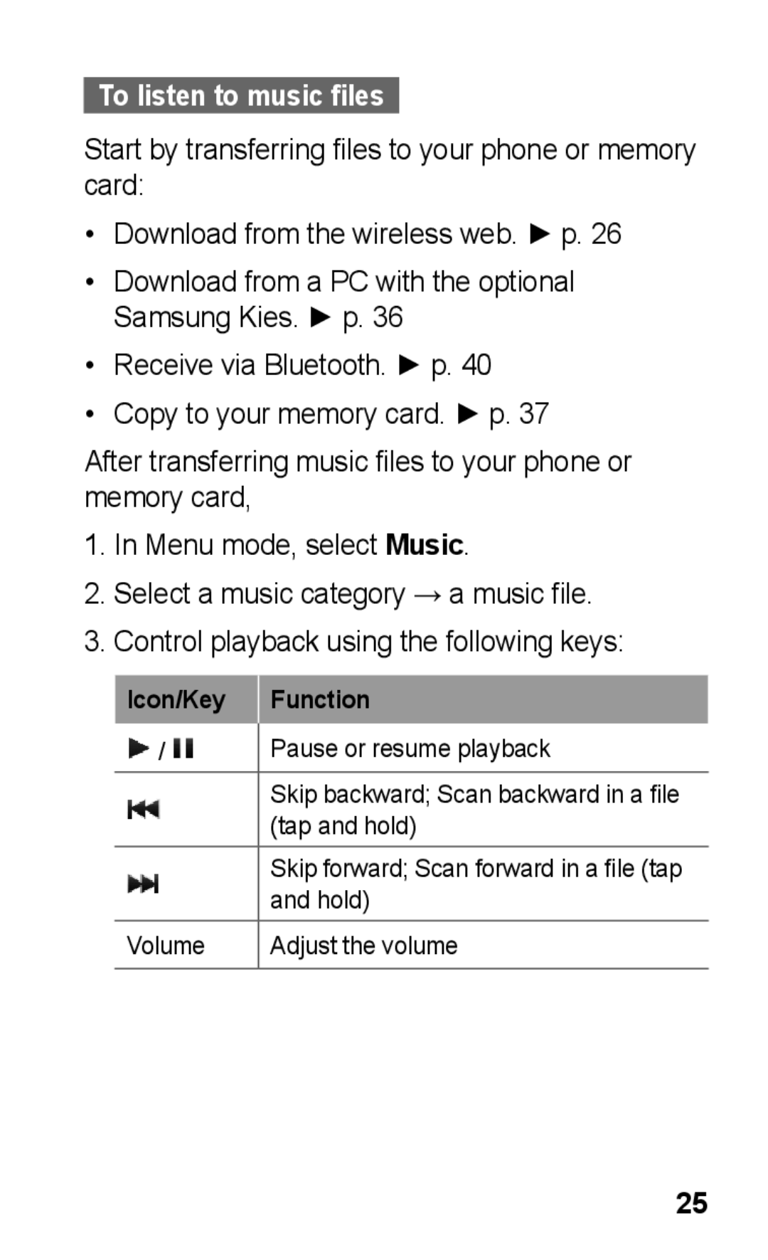 Samsung GT-C3300DKKXEF, GT-C3300DKKXEG, GT-C3300DKKVD2, GT-C3300DKKDBT, GT-C3300CIHDBT manual To listen to music files 