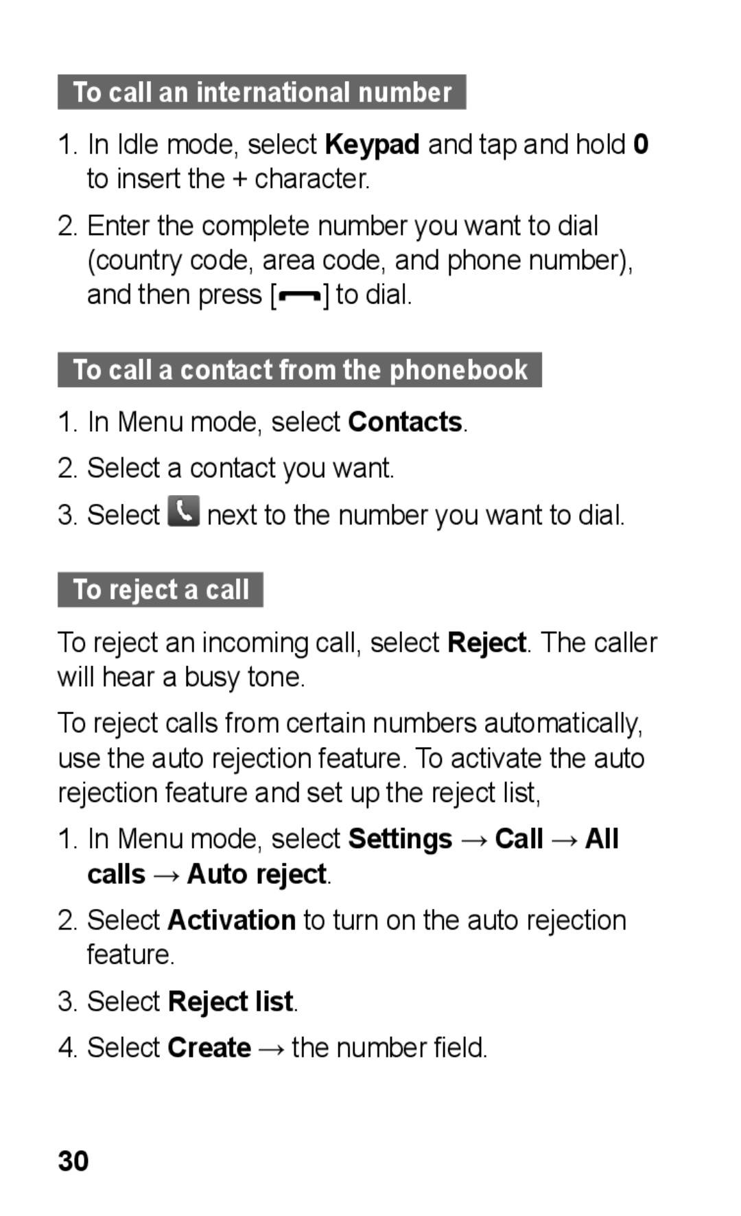 Samsung GT-C3300DKKBOG manual To call an international number, To call a contact from the phonebook, To reject a call 