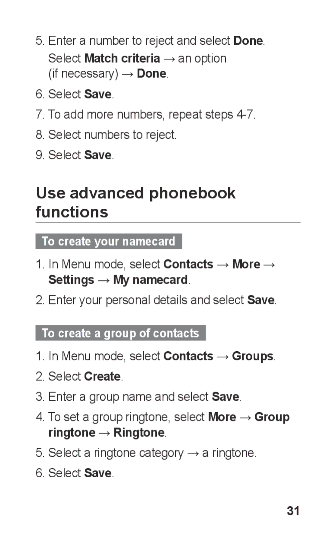 Samsung GT-C3300DKKCNX manual Use advanced phonebook functions, Select Match criteria → an option if necessary → Done 