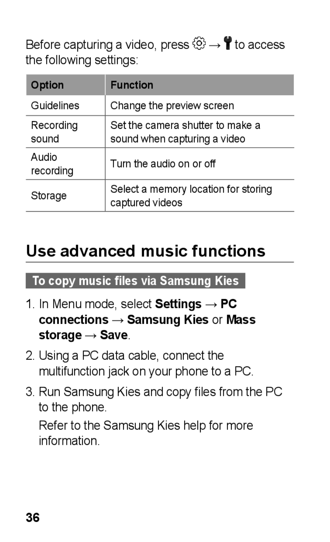 Samsung GT-C3300ENKXEC, GT-C3300DKKXEG, GT-C3300DKKVD2 Use advanced music functions, To copy music files via Samsung Kies 