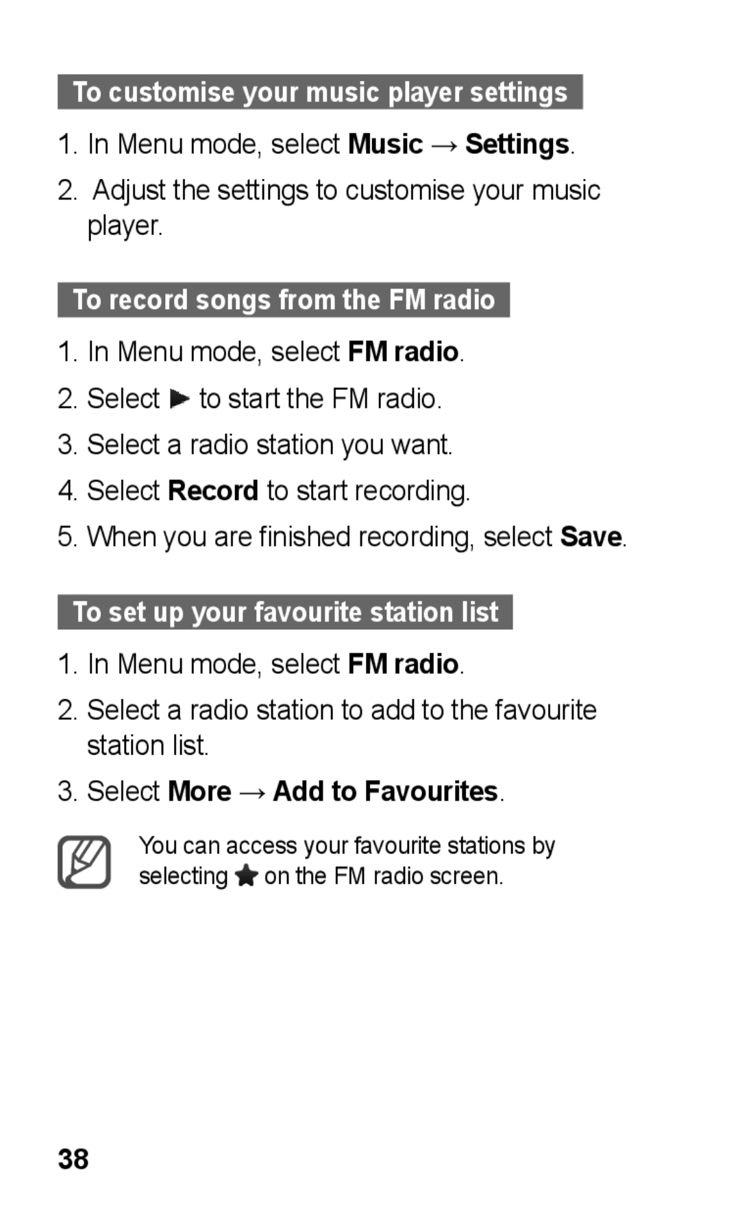 Samsung GT-C3300SIKATL, GT-C3300DKKXEG manual To customise your music player settings, To record songs from the FM radio 