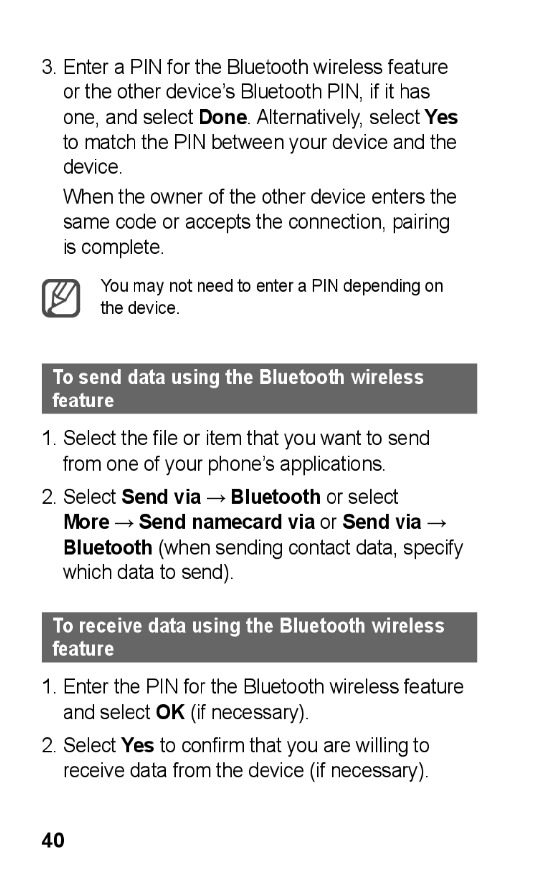 Samsung GT-C3300DKKXEC, GT-C3300DKKXEG, GT-C3300DKKVD2, GT-C3300DKKDBT To send data using the Bluetooth wireless feature 