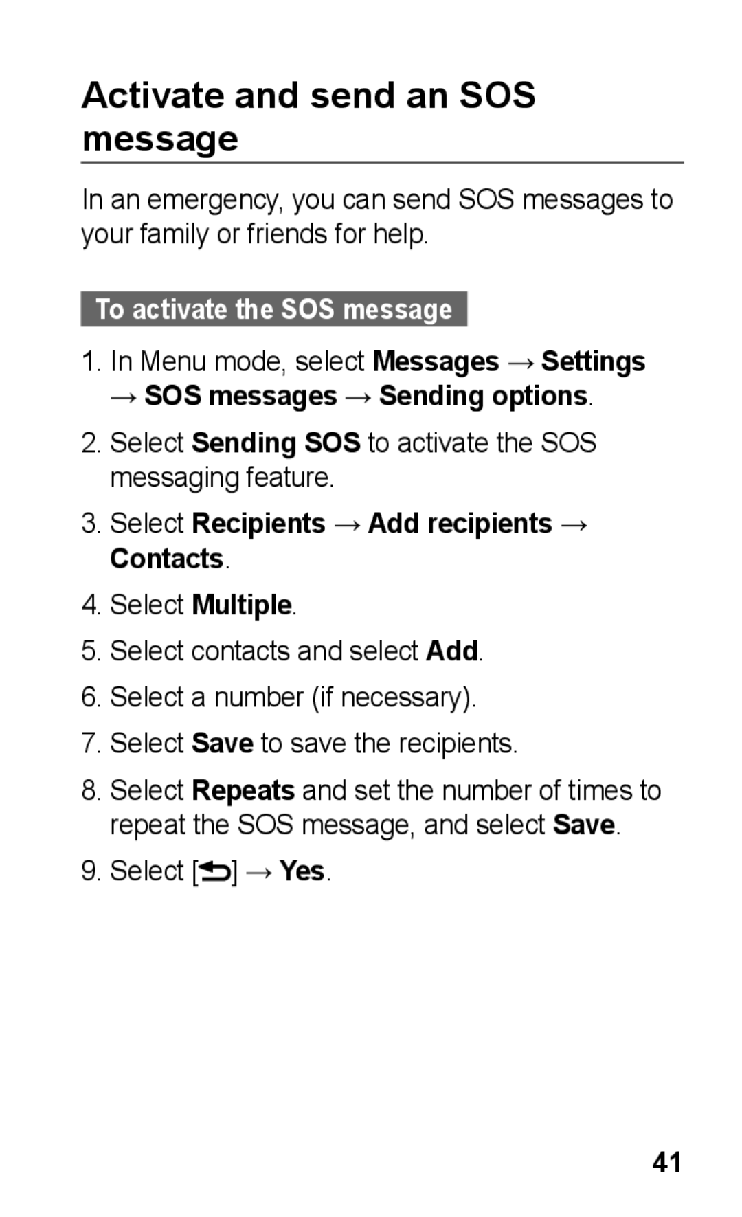 Samsung GT-C3300CIKFOP Activate and send an SOS message, To activate the SOS message, → SOS messages → Sending options 