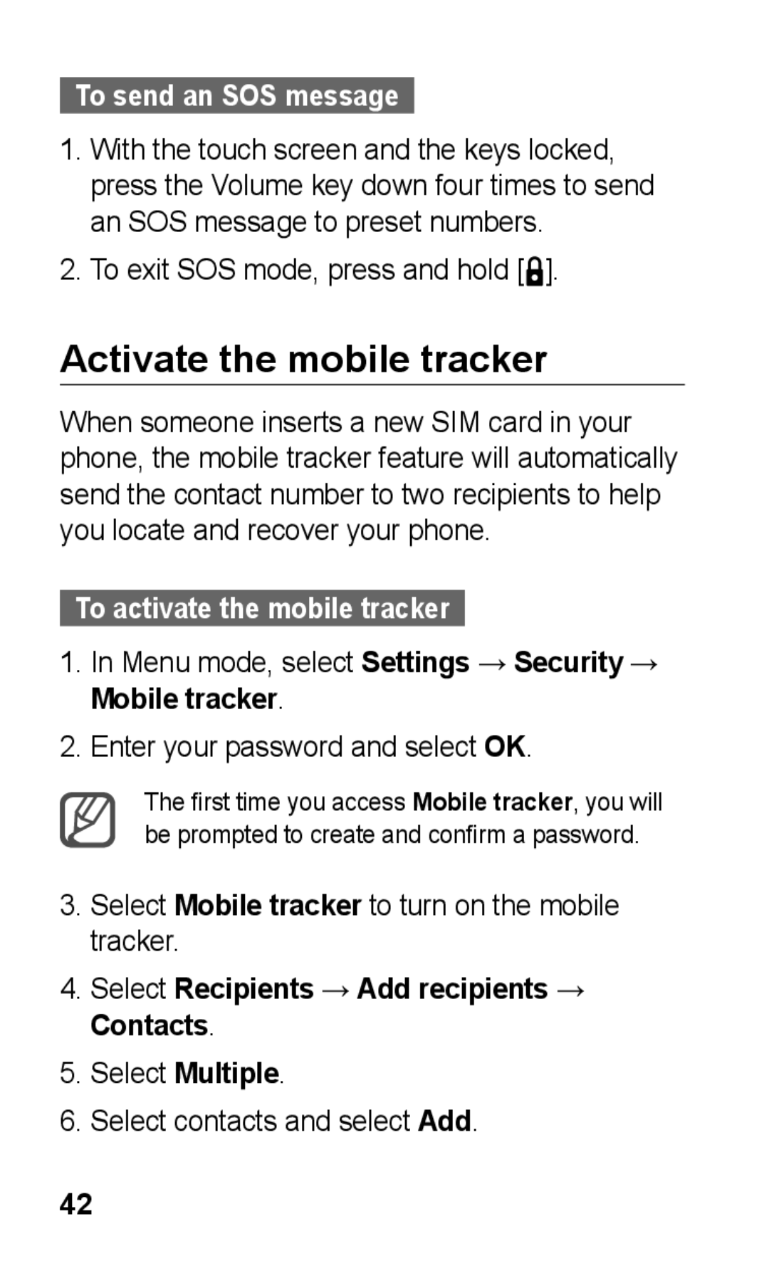 Samsung GT-C3300OWKFOP, GT-C3300DKKXEG Activate the mobile tracker, To send an SOS message, To activate the mobile tracker 