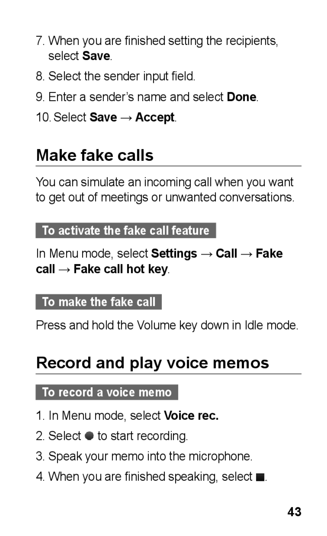 Samsung GT-C3300DKKFOP, GT-C3300DKKXEG Make fake calls, Record and play voice memos, To activate the fake call feature 