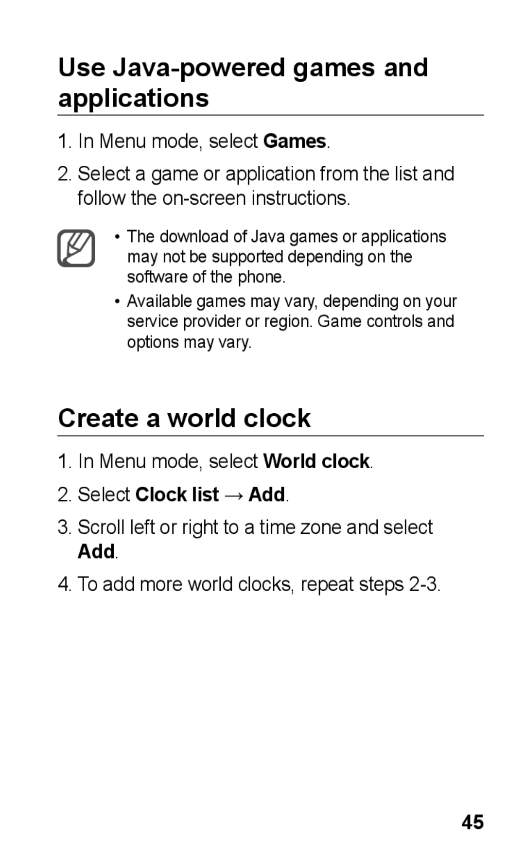 Samsung GT-C3300CWKXEC manual Use Java-powered games and applications, Create a world clock, Menu mode, select World clock 