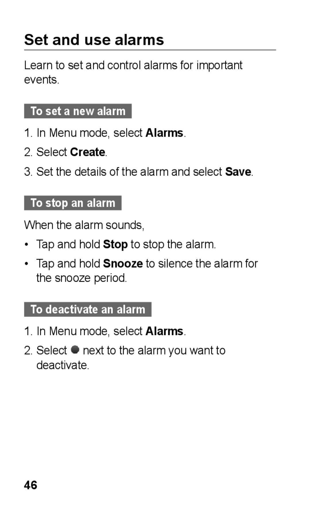 Samsung GT-C3300CWKATL manual Set and use alarms, Learn to set and control alarms for important events, To set a new alarm 