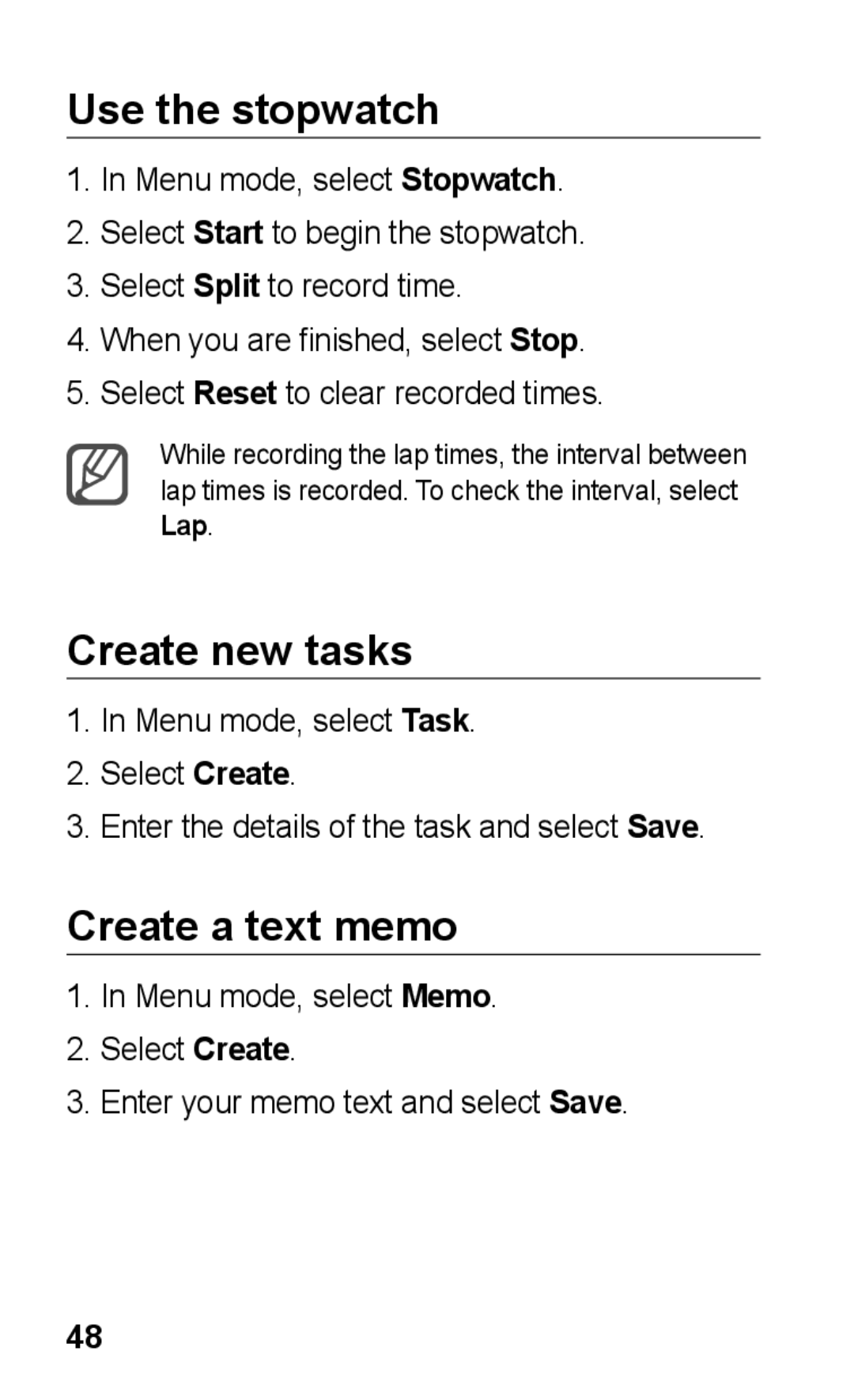 Samsung GT-C3300DKKATL, GT-C3300DKKXEG, GT-C3300DKKVD2 manual Use the stopwatch, Create new tasks, Create a text memo 