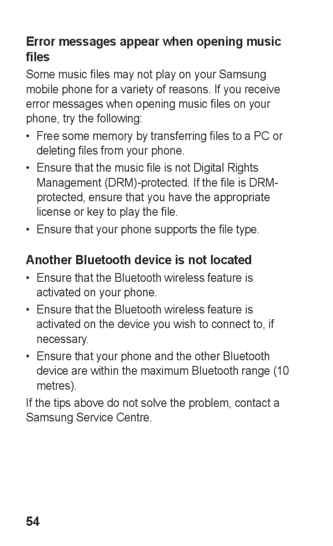 Samsung GT-C3300DKKVVT manual Error messages appear when opening music files, Ensure that your phone supports the file type 