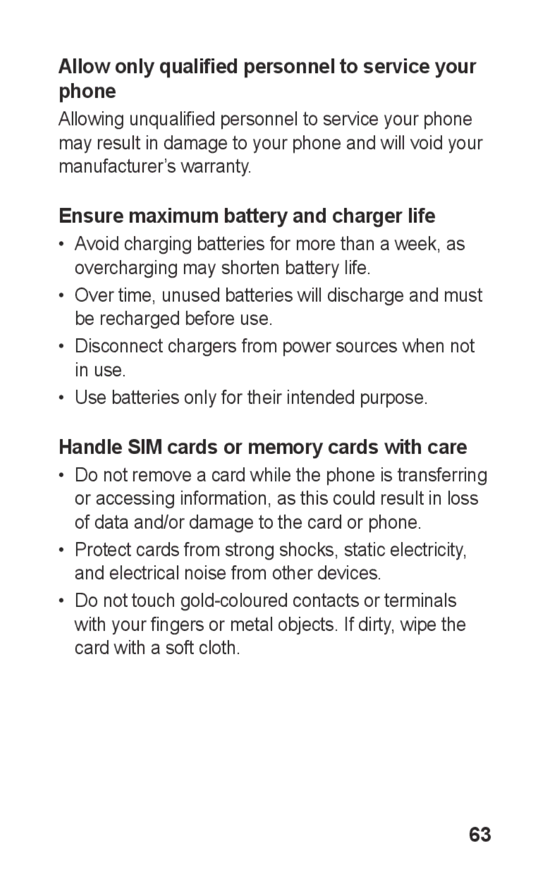 Samsung GT-C3300CWKXEZ manual Allow only qualified personnel to service your phone, Ensure maximum battery and charger life 