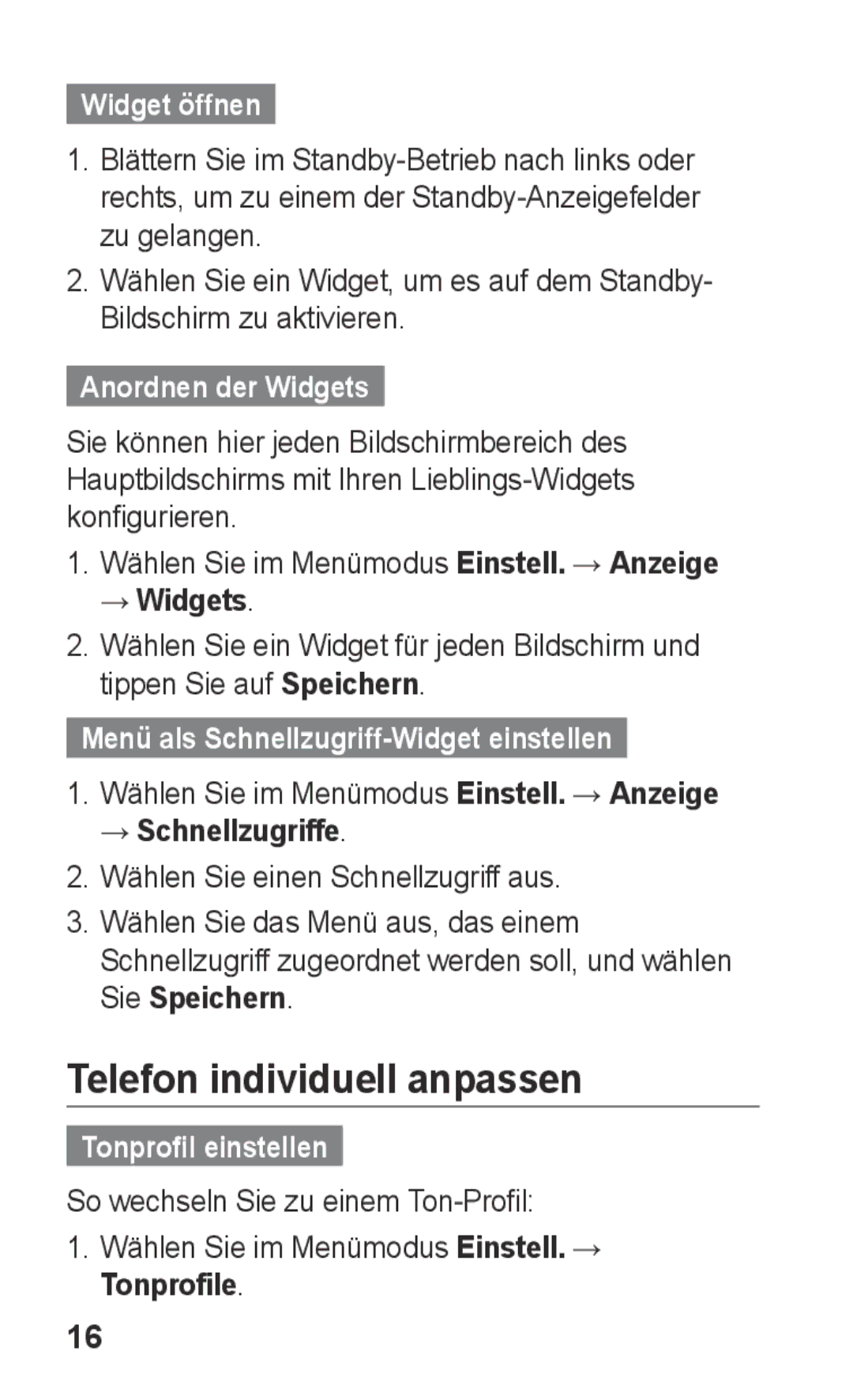 Samsung GT-C3300CIHDBT manual Telefon individuell anpassen, Widget öffnen, Anordnen der Widgets, Tonprofil einstellen 