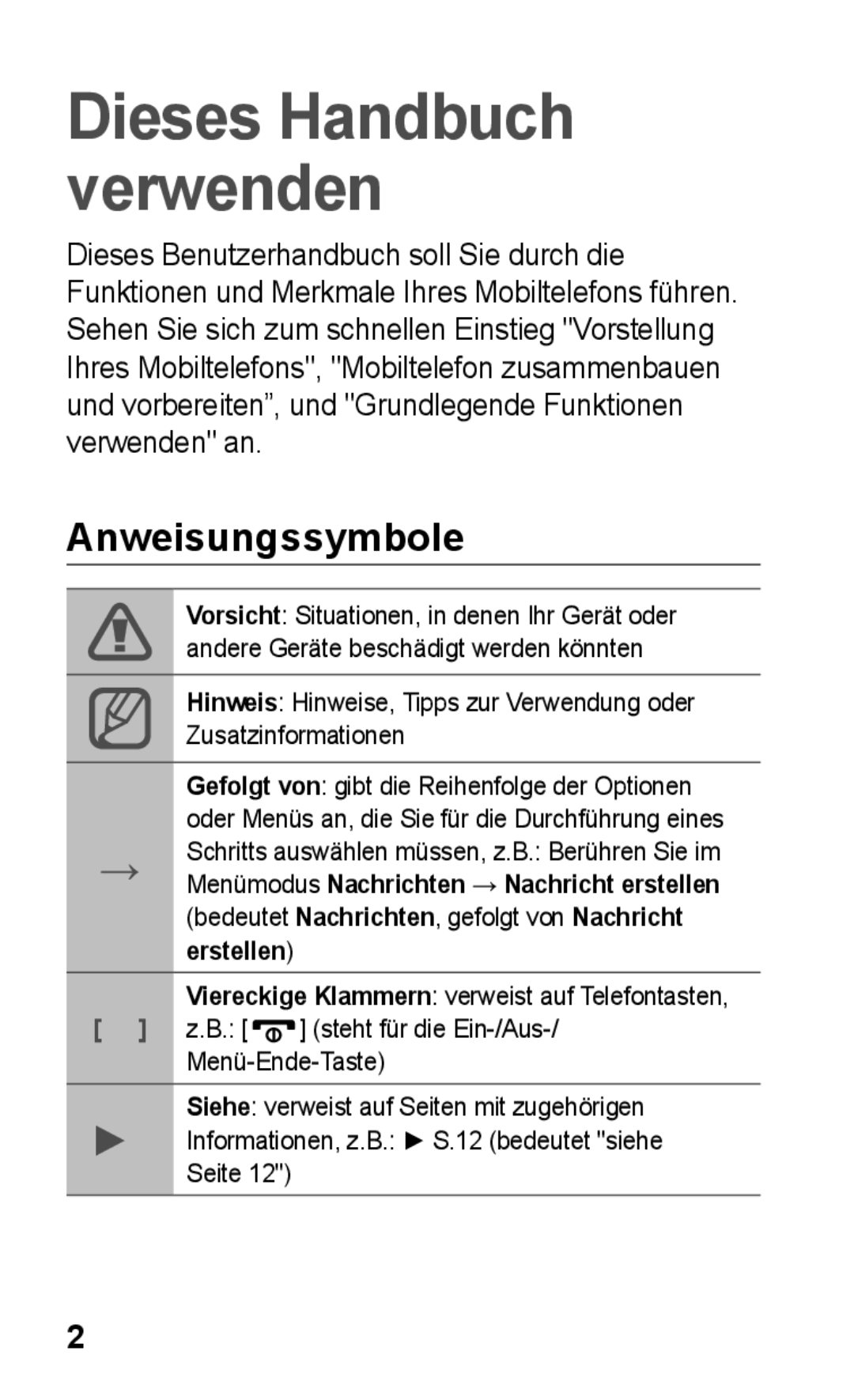 Samsung GT-C3300DKKDBT, GT-C3300DKKXEG, GT-C3300DKKVD2, GT-C3300CIHDBT manual Dieses Handbuch verwenden, Anweisungssymbole 